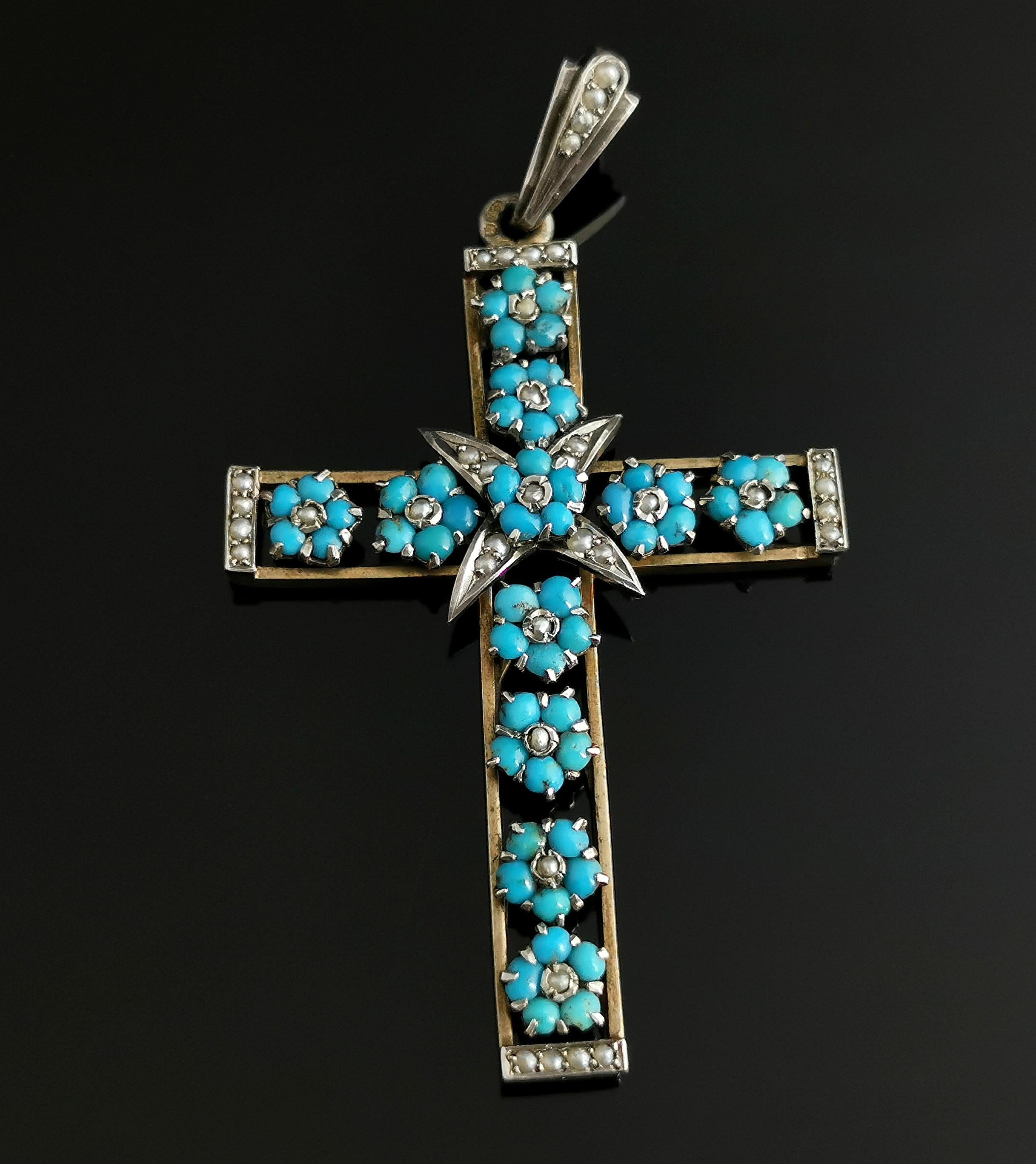 Antique Austro Hungarian Cross Pendant, Turquoise and Seed Pearl, Silver 4