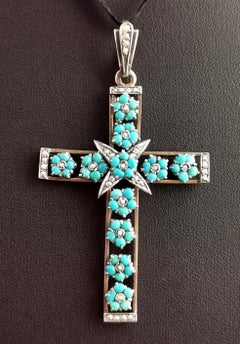 Antique Austro Hungarian Cross Pendant, Turquoise and Seed Pearl, Silver
