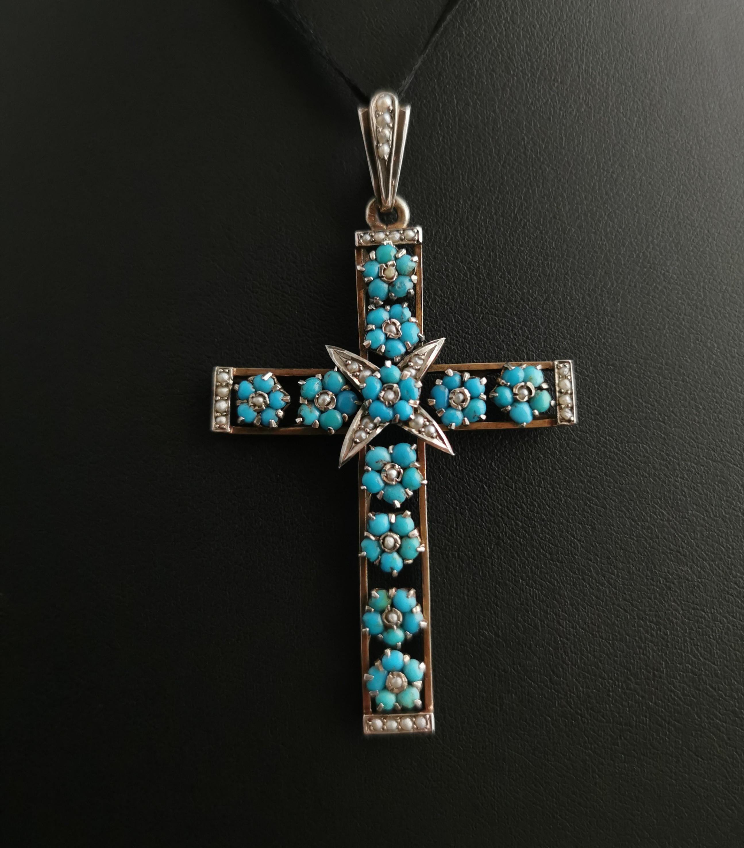 Victorian Antique Austro Hungarian Cross Pendant, Turquoise and Seed Pearl, Silver
