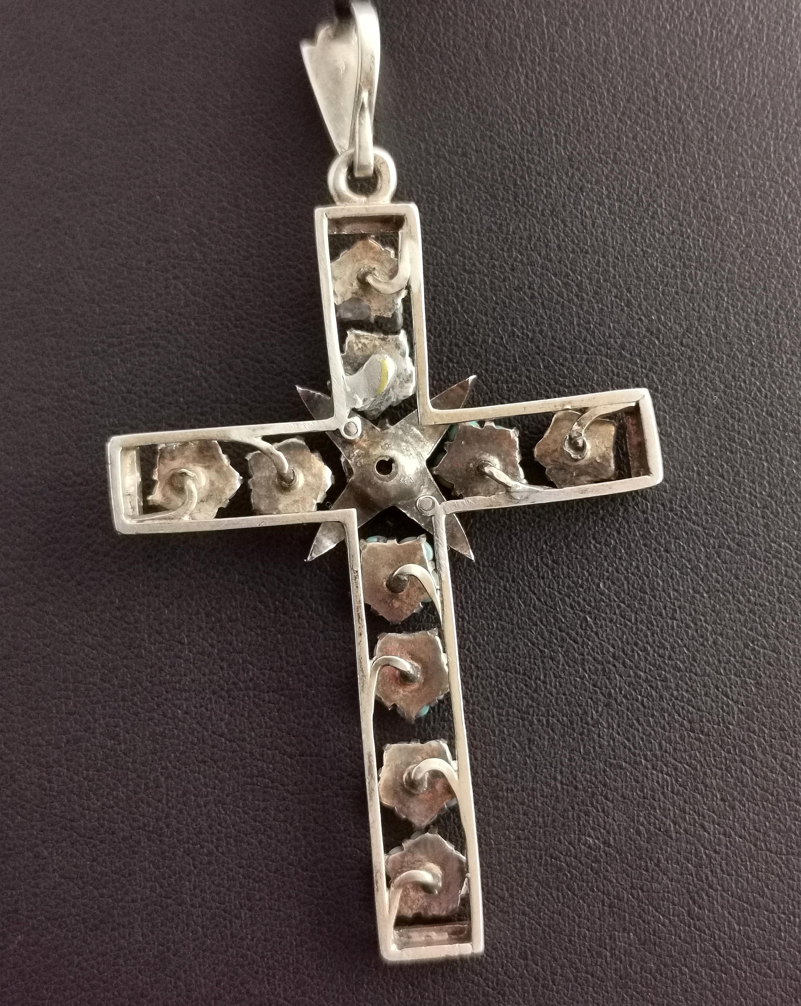 Cabochon Antique Austro Hungarian Cross Pendant, Turquoise and Seed Pearl, Silver