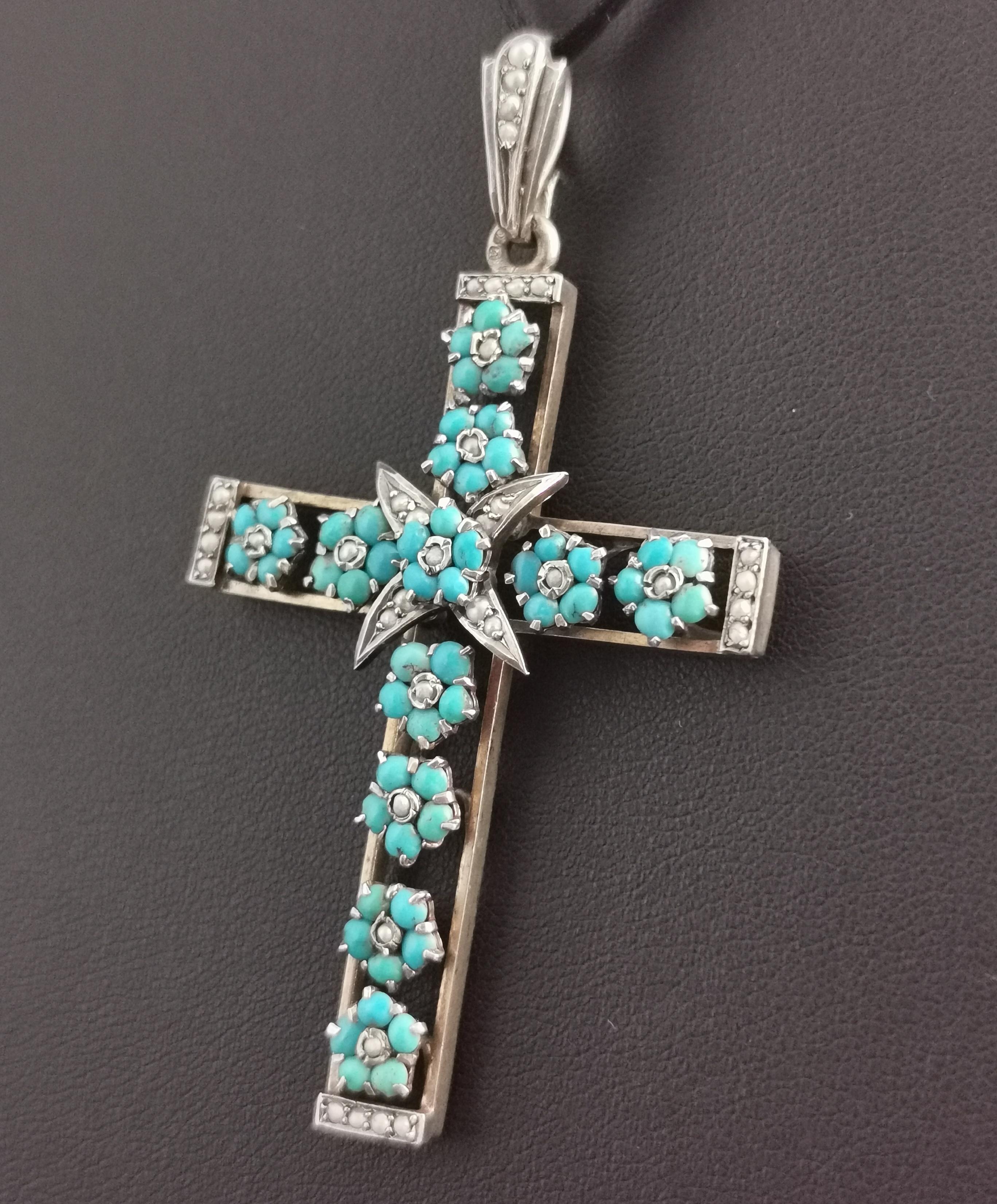 Antique Austro Hungarian Cross Pendant, Turquoise and Seed Pearl, Silver In Fair Condition In NEWARK, GB