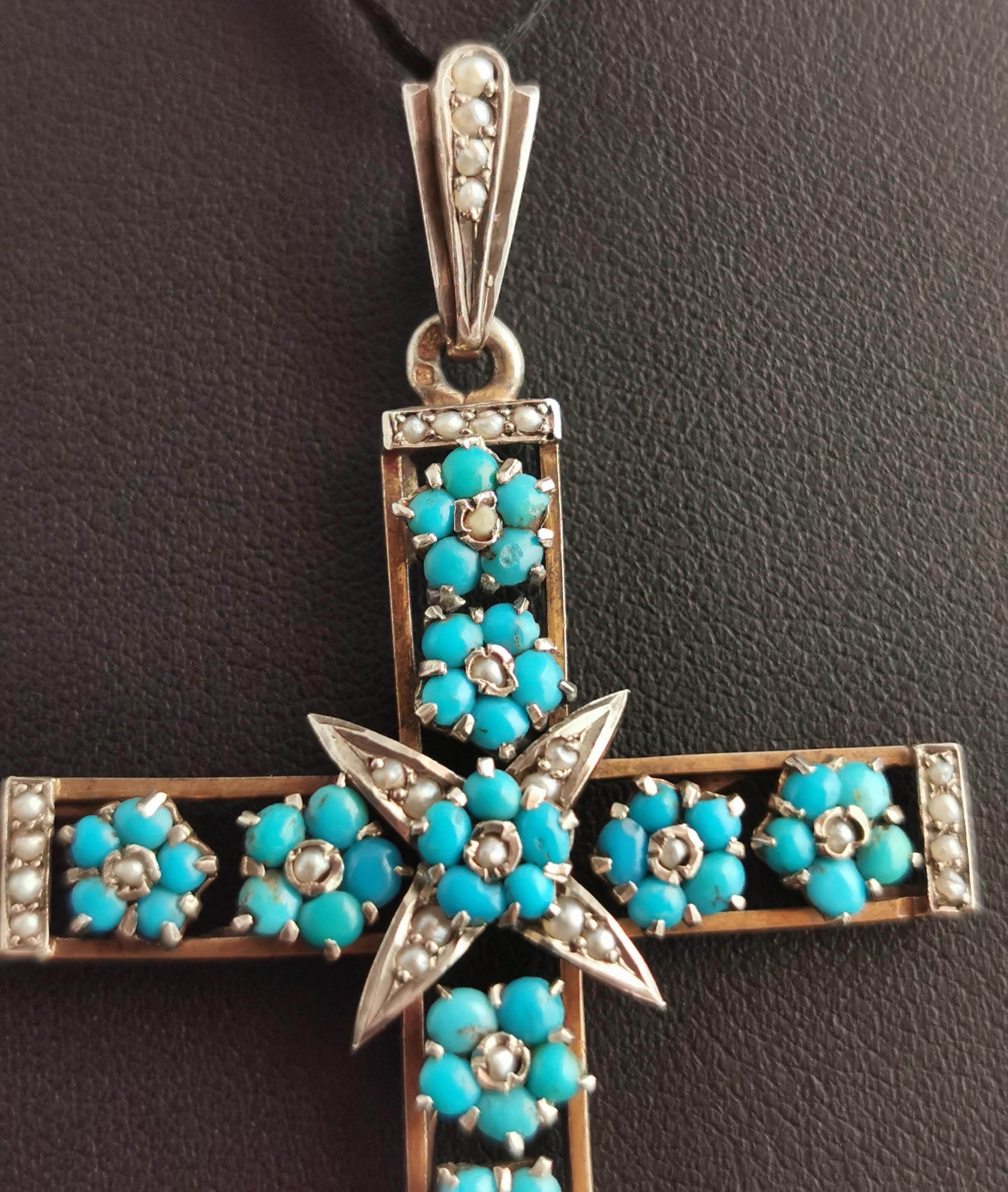 Women's Antique Austro Hungarian Cross Pendant, Turquoise and Seed Pearl, Silver