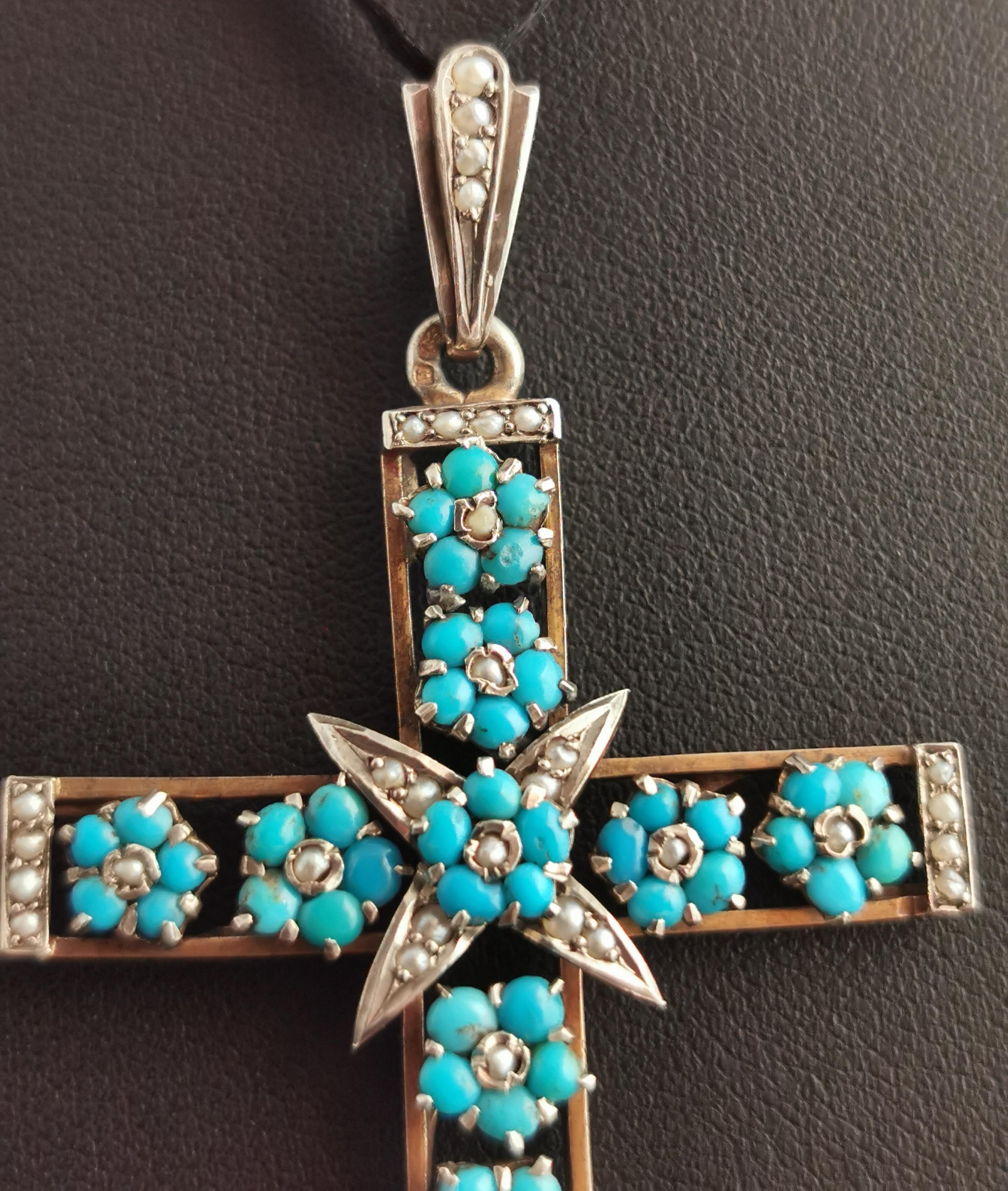 Women's Antique Austro Hungarian Cross Pendant, Turquoise and Seed Pearl, Silver