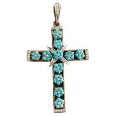 Antique Austro Hungarian Cross Pendant, Turquoise and Seed Pearl, Silver