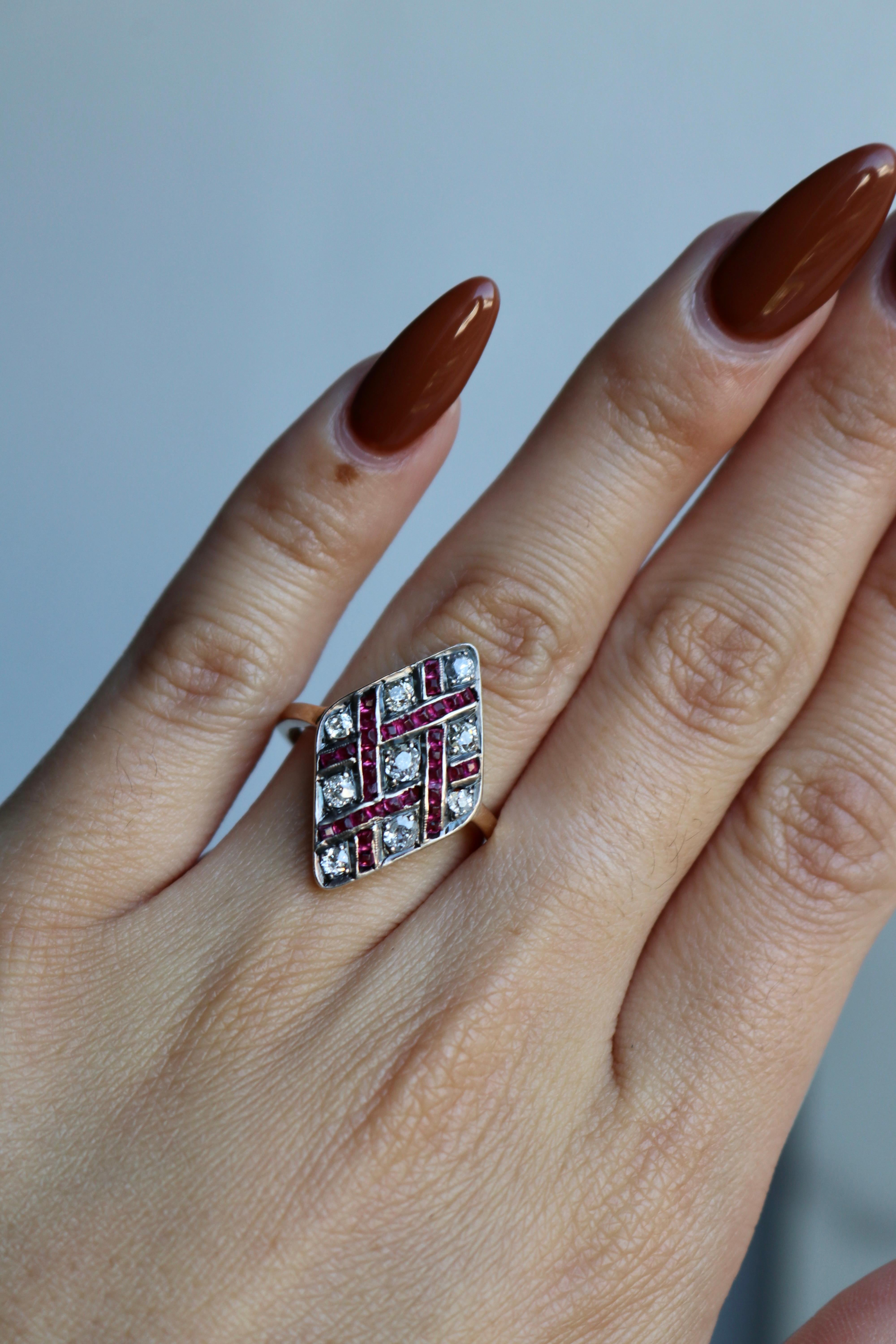Antiker österreichisch-ungarischer Diamant- und Rubin-Ring aus 14k Gelbgold und Silber 1