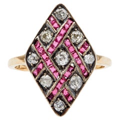Antiker österreichisch-ungarischer Diamant- und Rubin-Ring aus 14k Gelbgold und Silber
