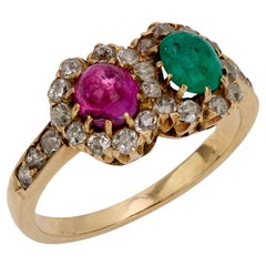 Antiker österreichisch-ungarischer Smaragd-Rubin-Diamant-Ring aus 14k Gelbgold