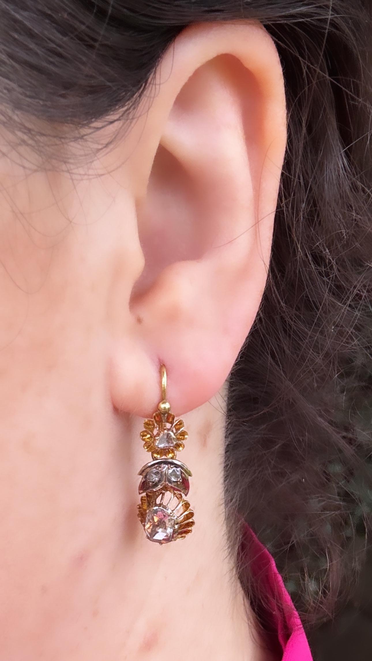 Antique Austro Hungarian Empire 14k Rose Cut Diamond Day to Night Earrings For Sale 9