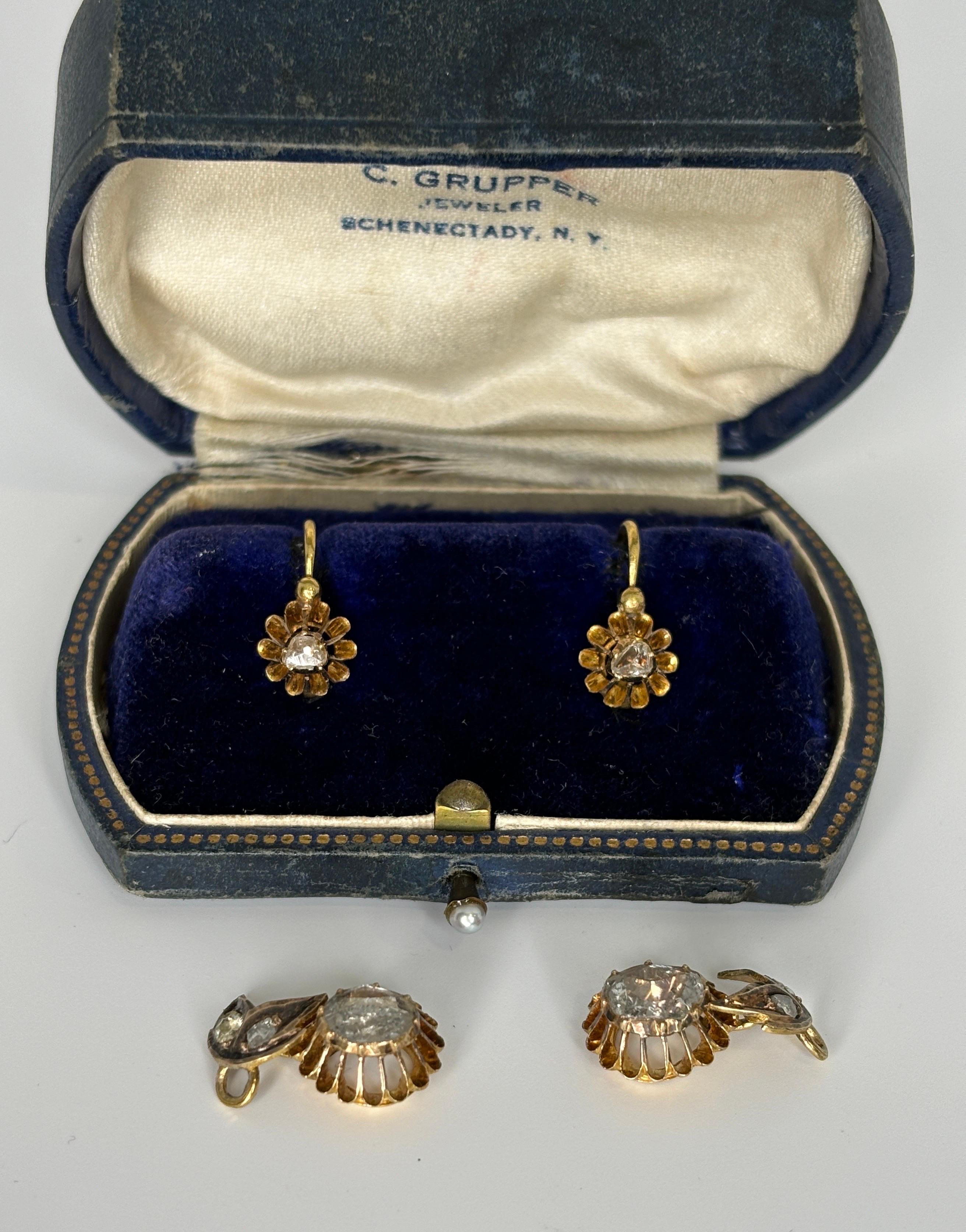Antique Austro Hungarian Empire 14k Rose Cut Diamond Day to Night Earrings In Good Condition For Sale In Bernardsville, NJ