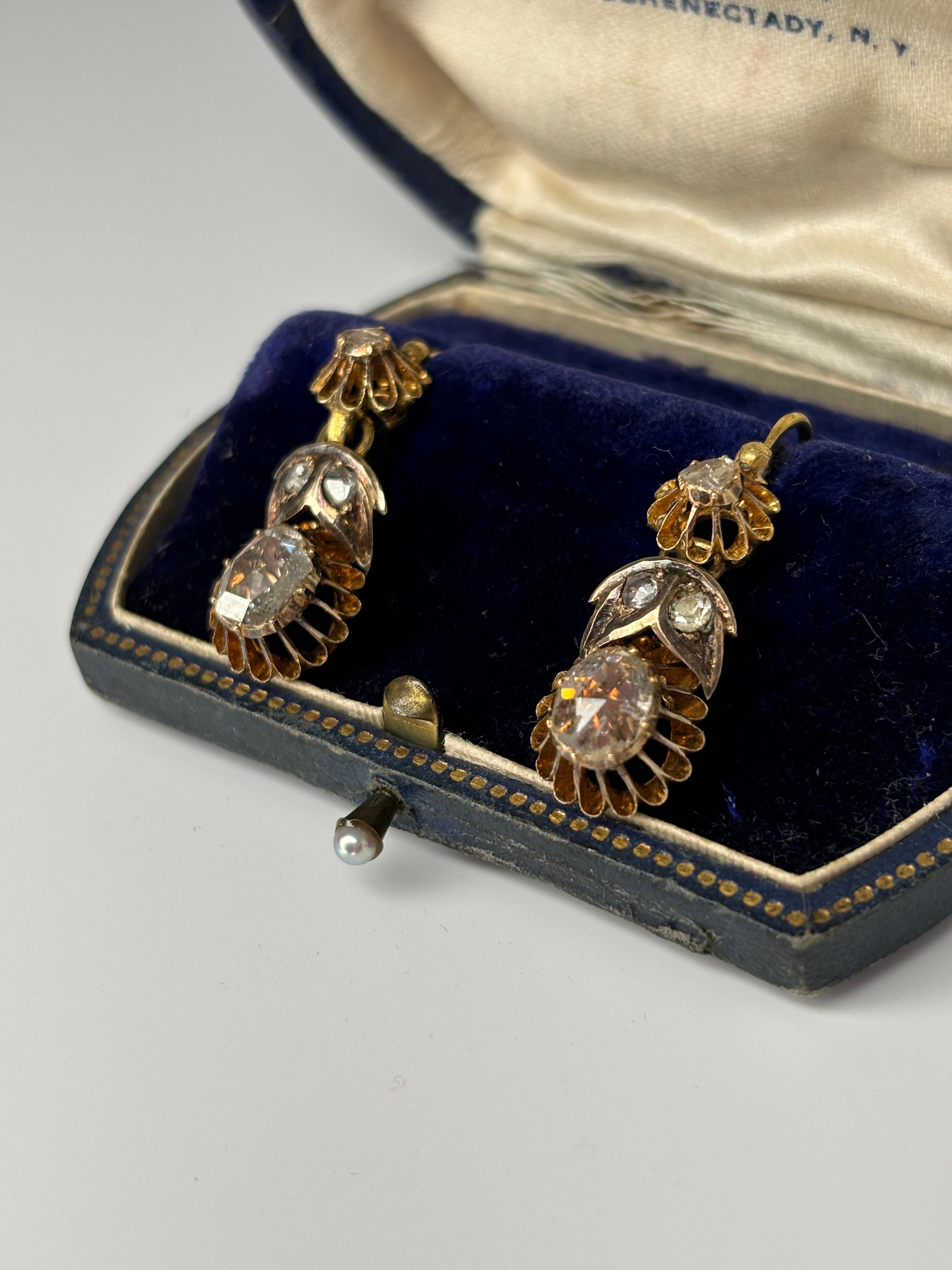 Antique Austro Hungarian Empire 14k Rose Cut Diamond Day to Night Earrings For Sale 1