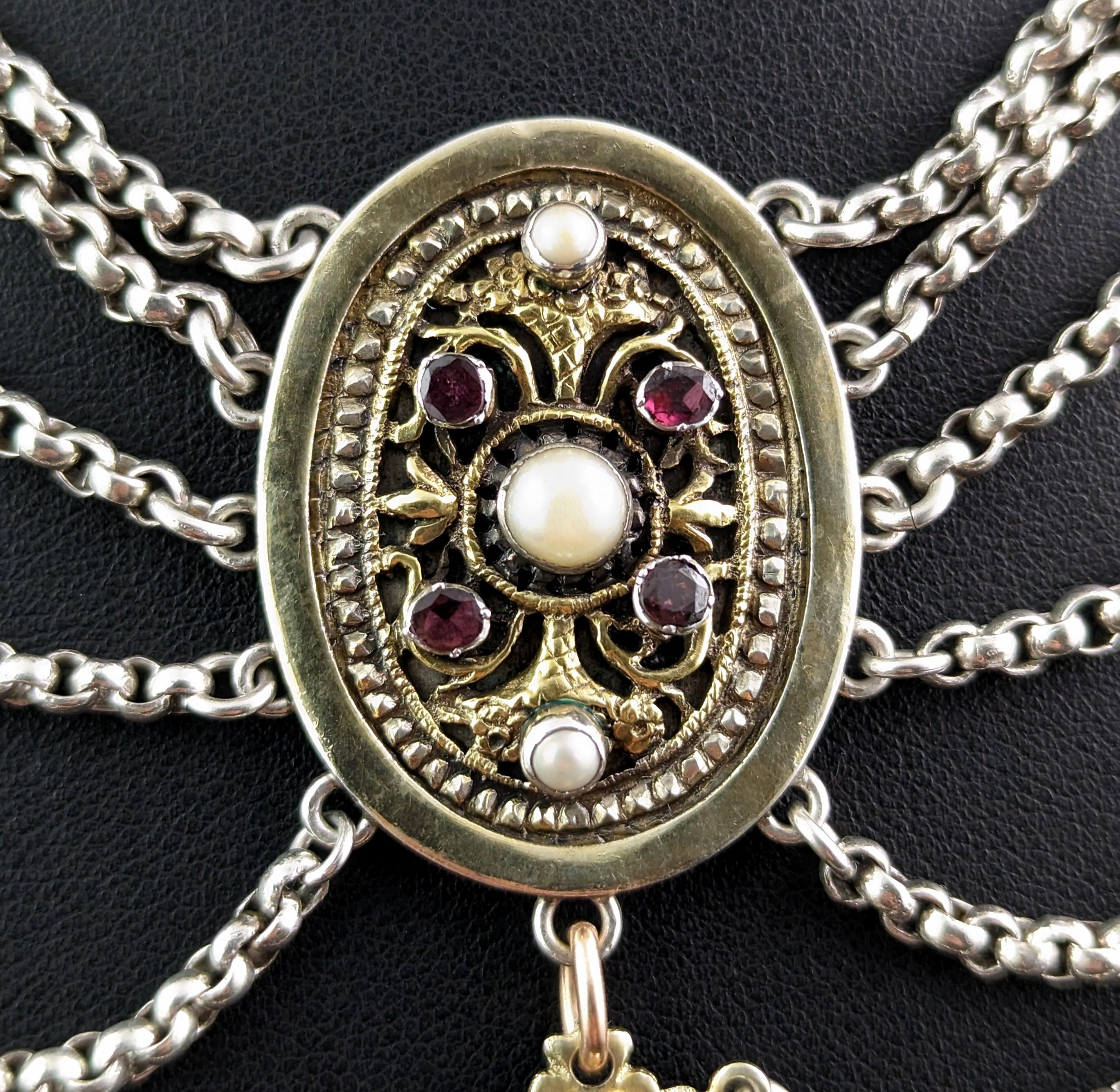 Antique Austro-Hungarian Festoon Necklace, Silver, Garnet, Pearl and Paste 2