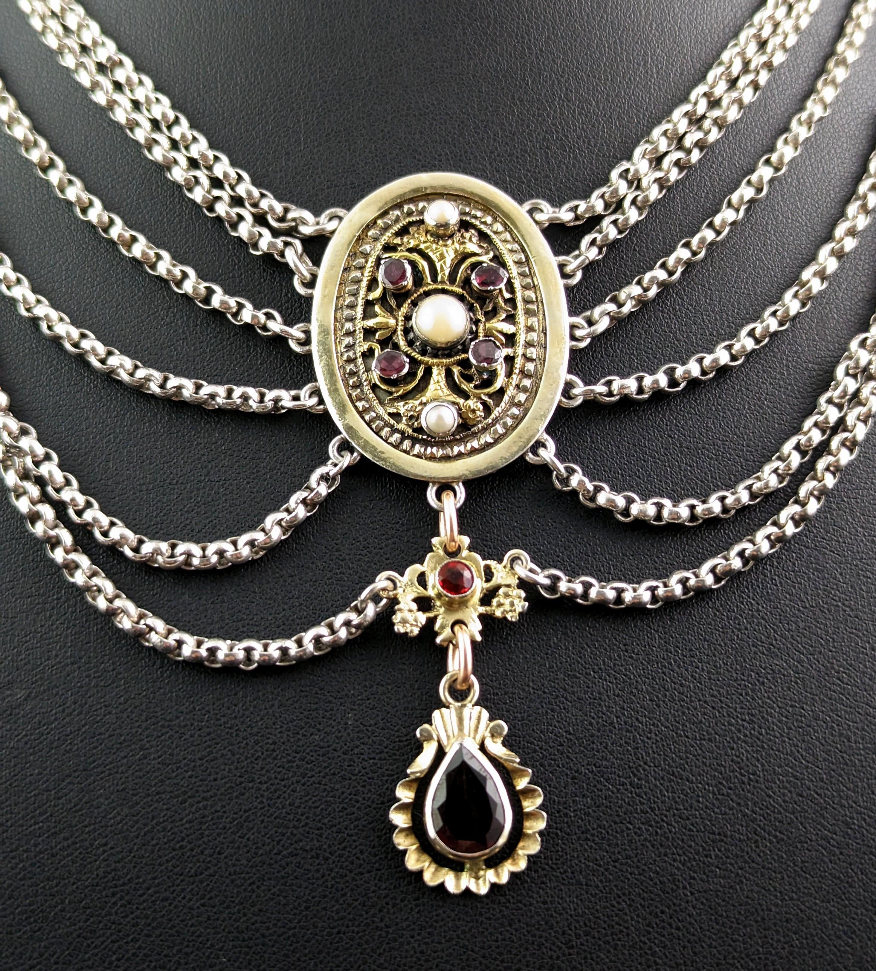 Pear Cut Antique Austro-Hungarian Festoon Necklace, Silver, Garnet, Pearl and Paste