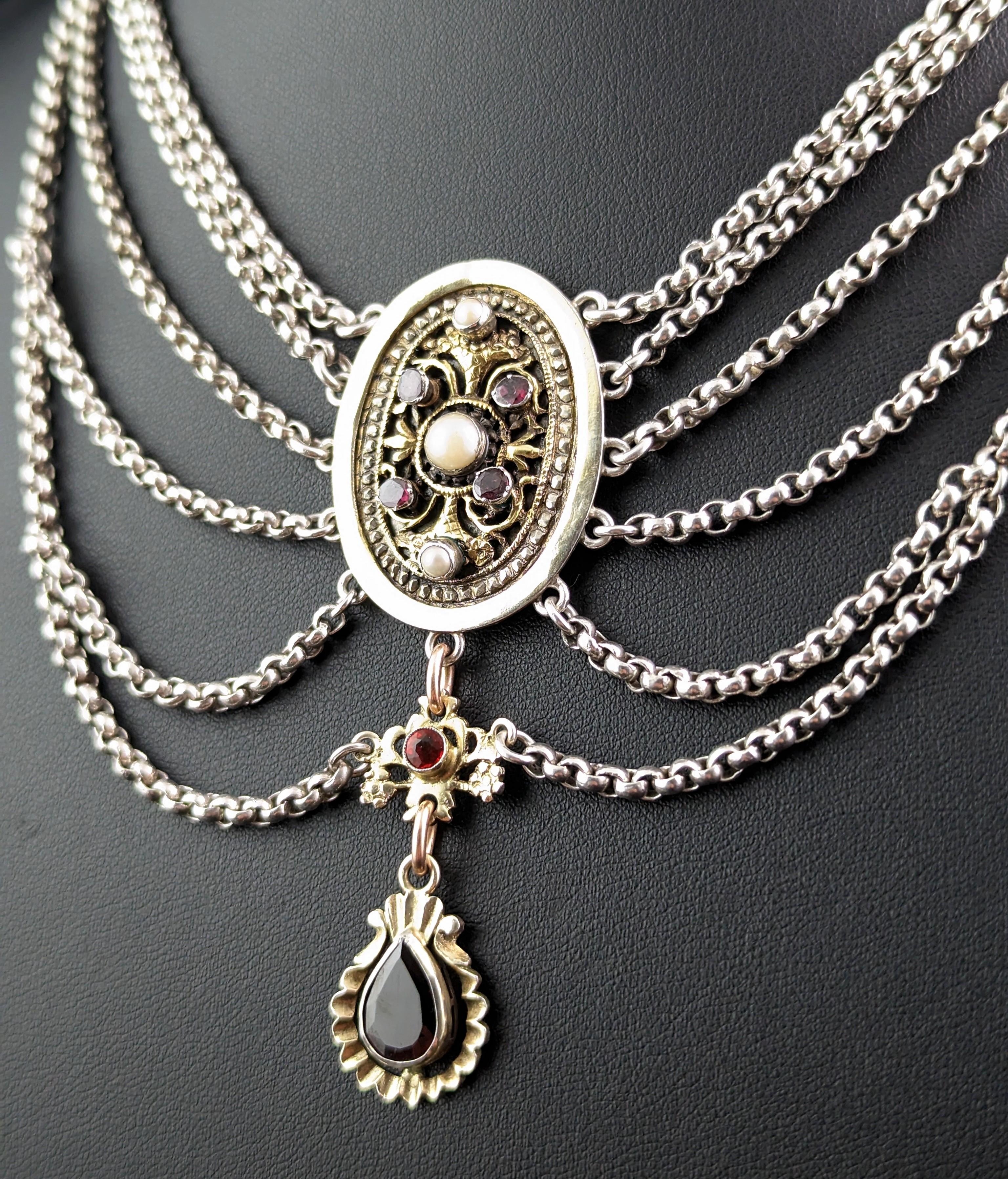 Antique Austro-Hungarian Festoon Necklace, Silver, Garnet, Pearl and Paste In Good Condition In NEWARK, GB