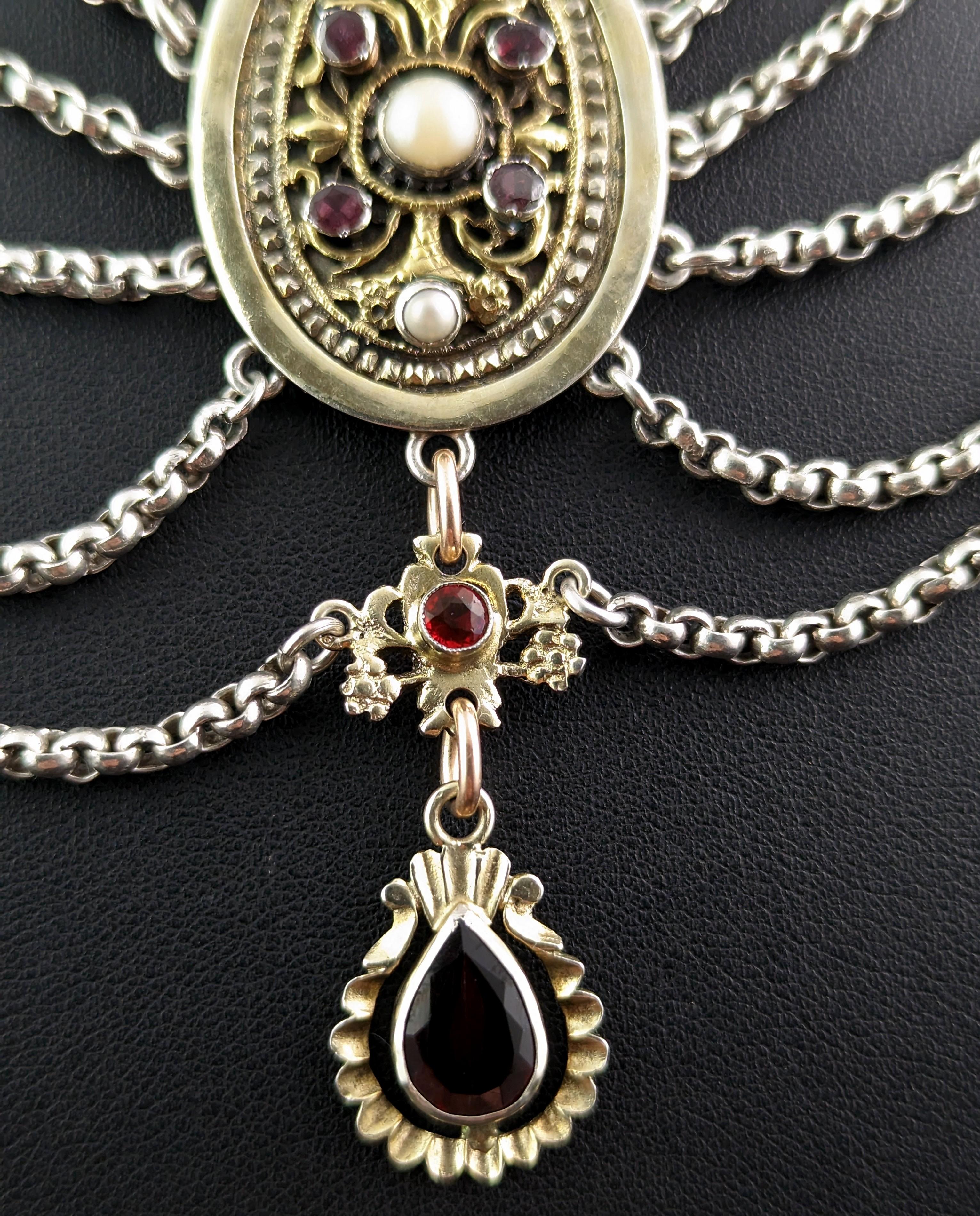 Women's or Men's Antique Austro-Hungarian Festoon Necklace, Silver, Garnet, Pearl and Paste