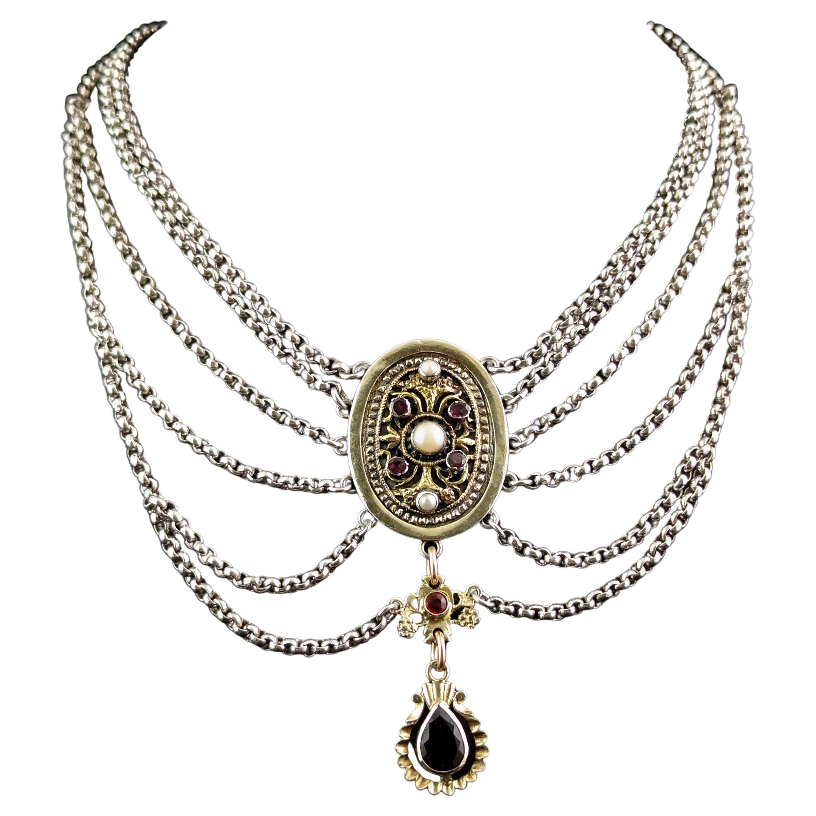 Antique Austro-Hungarian Festoon Necklace, Silver, Garnet, Pearl and Paste