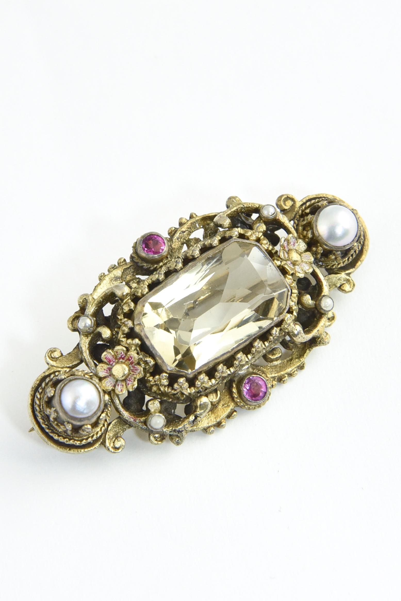 Antique Austro-Hungarian Floral Gilt Silver Citrine Brooch For Sale 2