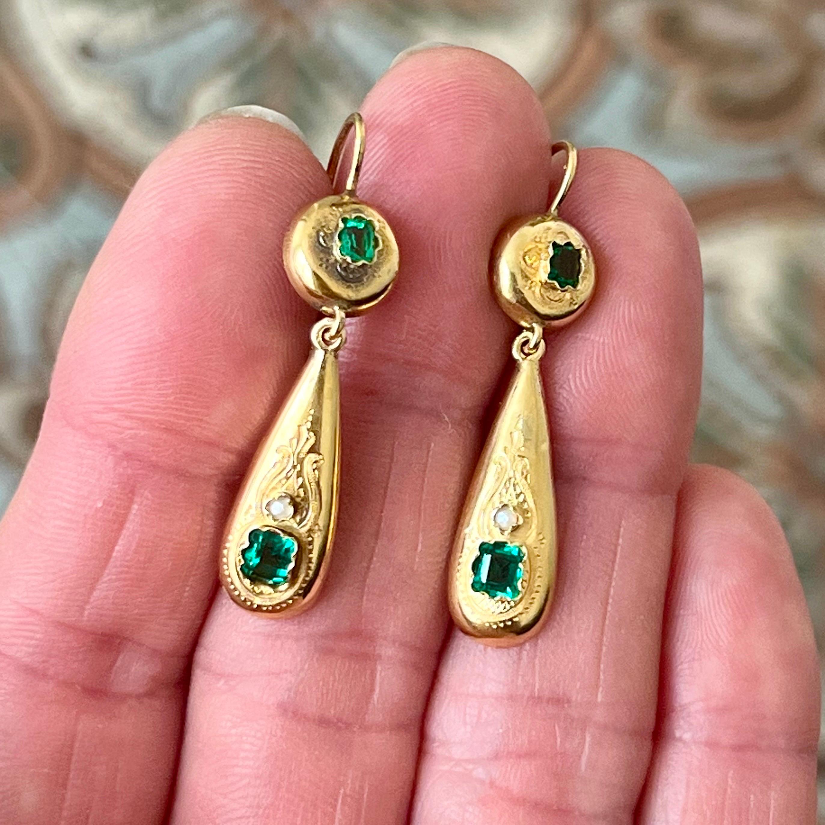 Emerald Cut Antique Austro-Hungarian Gold & Green Stone Dangle Earrings, 1866–1872 For Sale