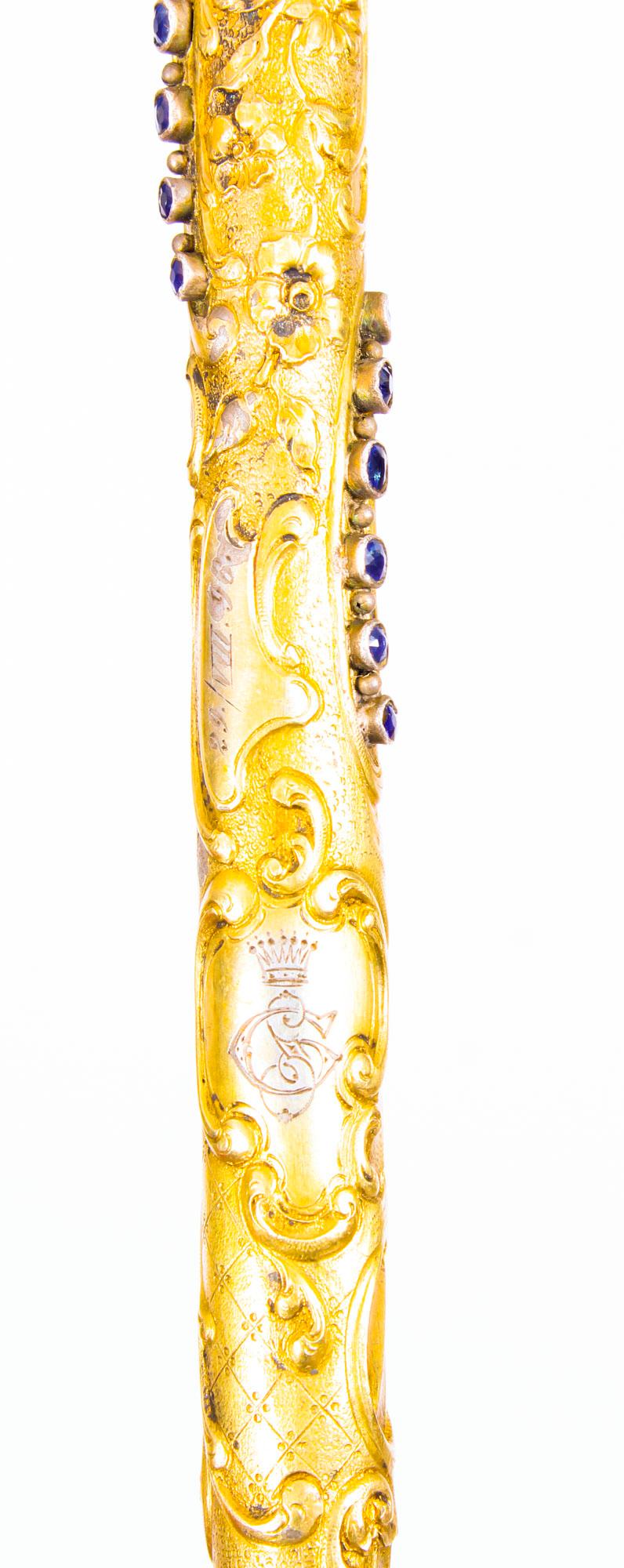 Antique Austro Hungarian Gold-Plated Sapphires Walking Stick Cane, 19th Century 6