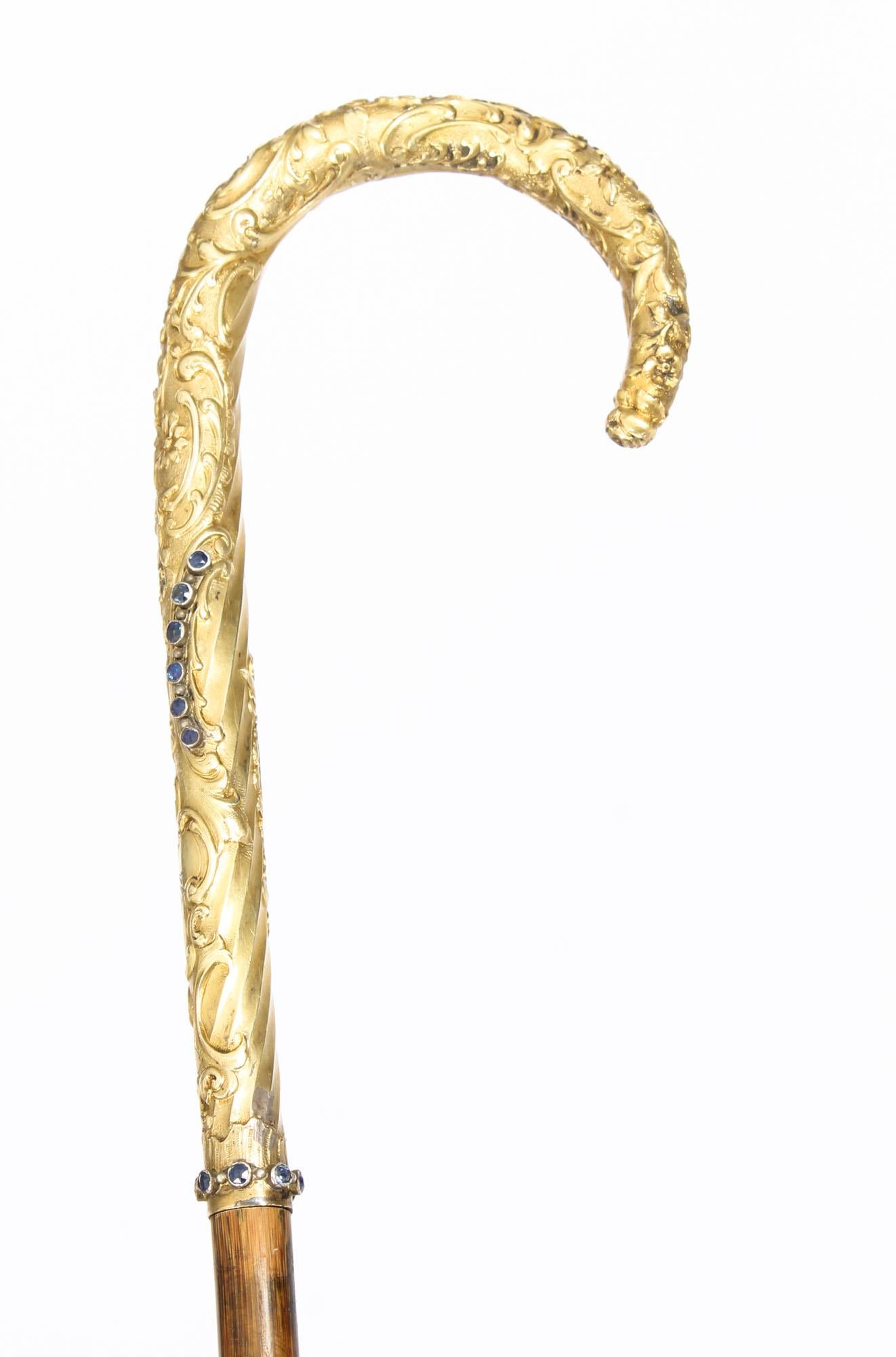 Antique Austro Hungarian Gold-Plated Sapphires Walking Stick Cane, 19th Century 10