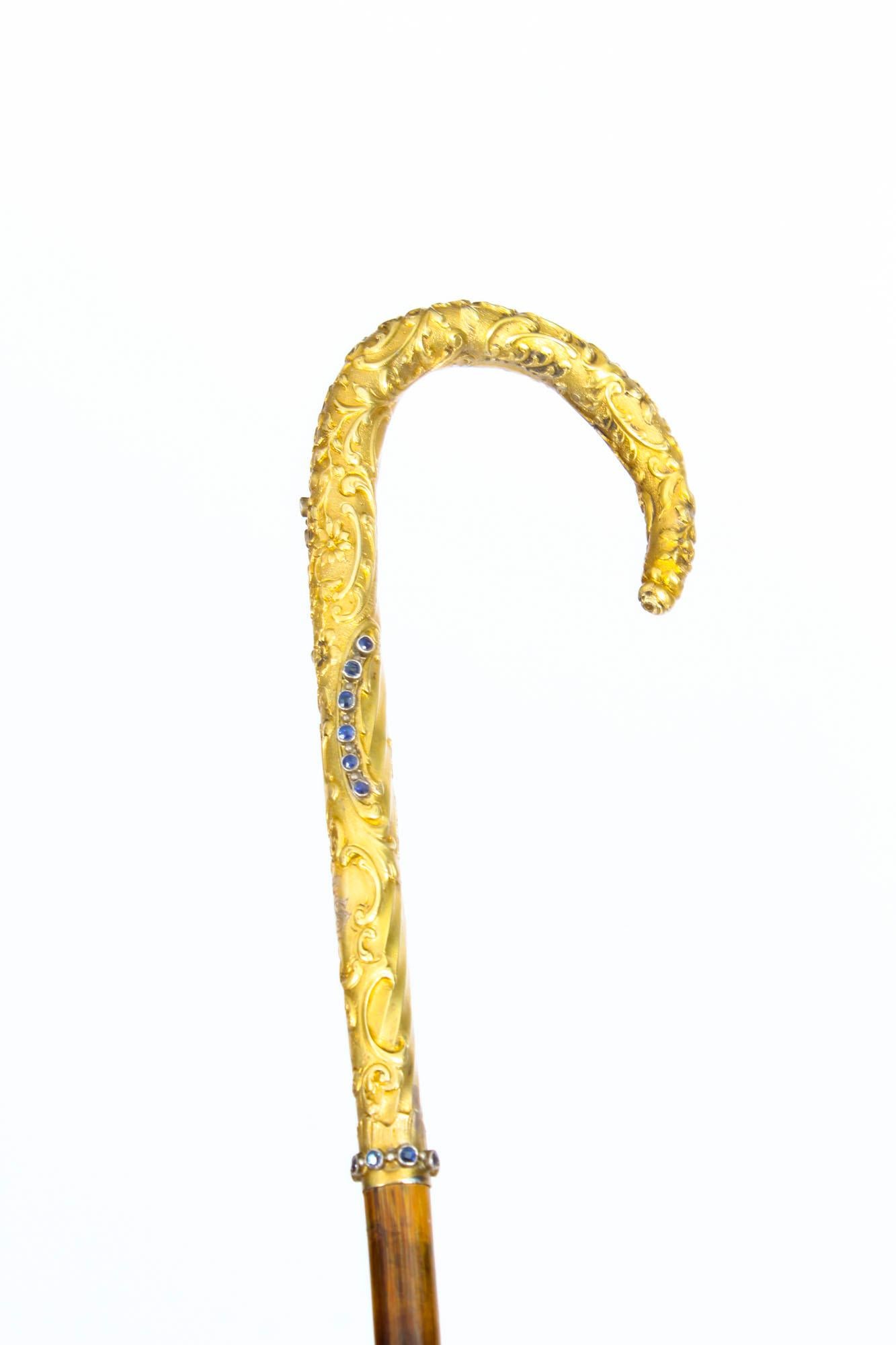 Antique Austro Hungarian Gold-Plated Sapphires Walking Stick Cane, 19th Century 13