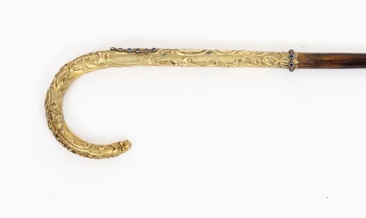 Mid-19th Century Antique Austro Hungarian Gold-Plated Sapphires Walking Stick Cane, 19th Century