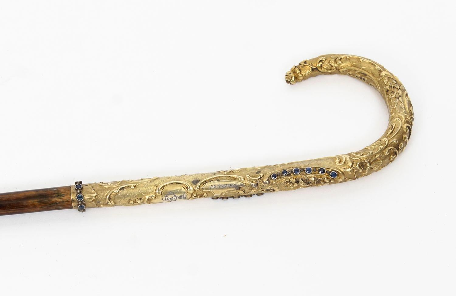 Antique Austro Hungarian Gold-Plated Sapphires Walking Stick Cane, 19th Century 1