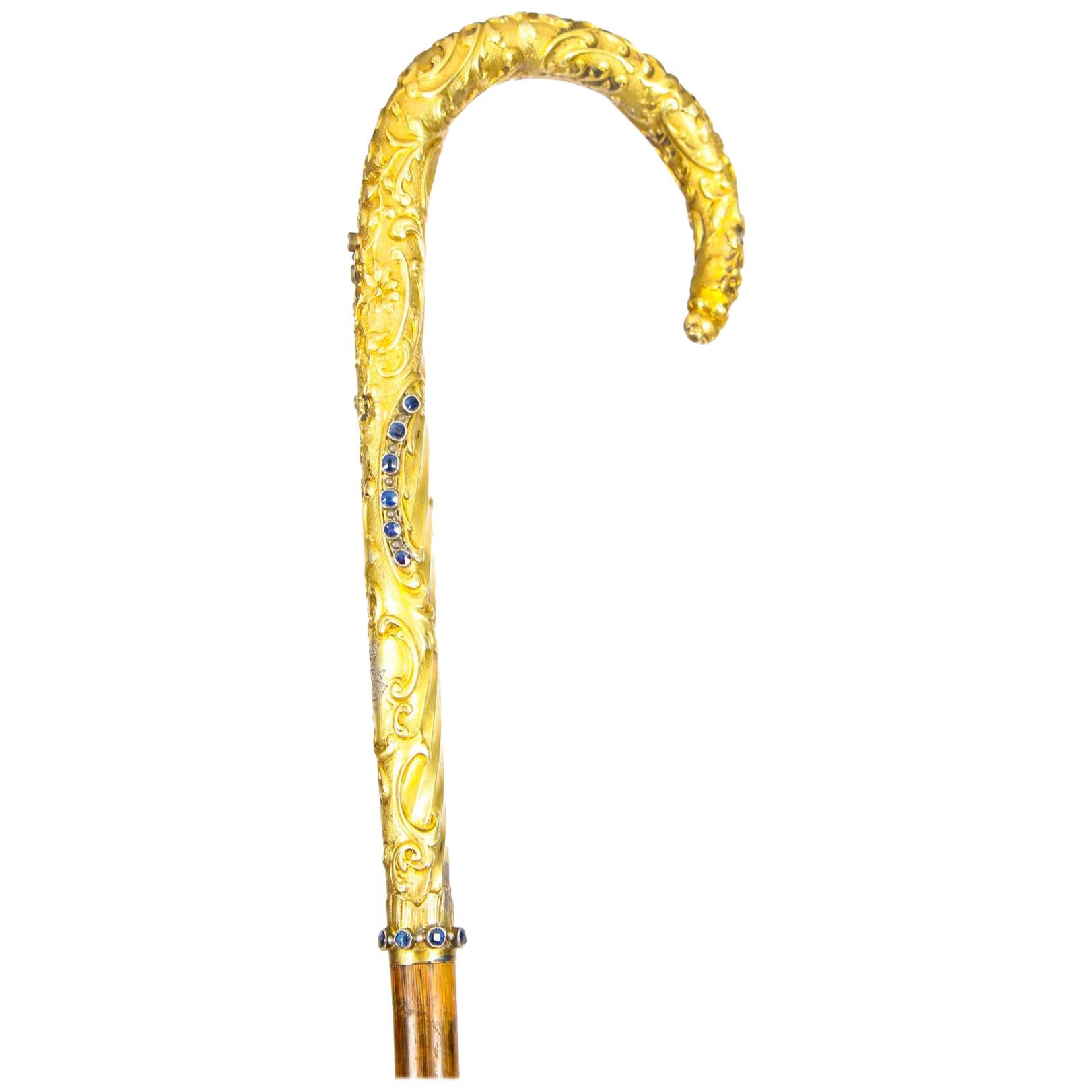 Antique Austro Hungarian Gold-Plated Sapphires Walking Stick Cane, 19th Century