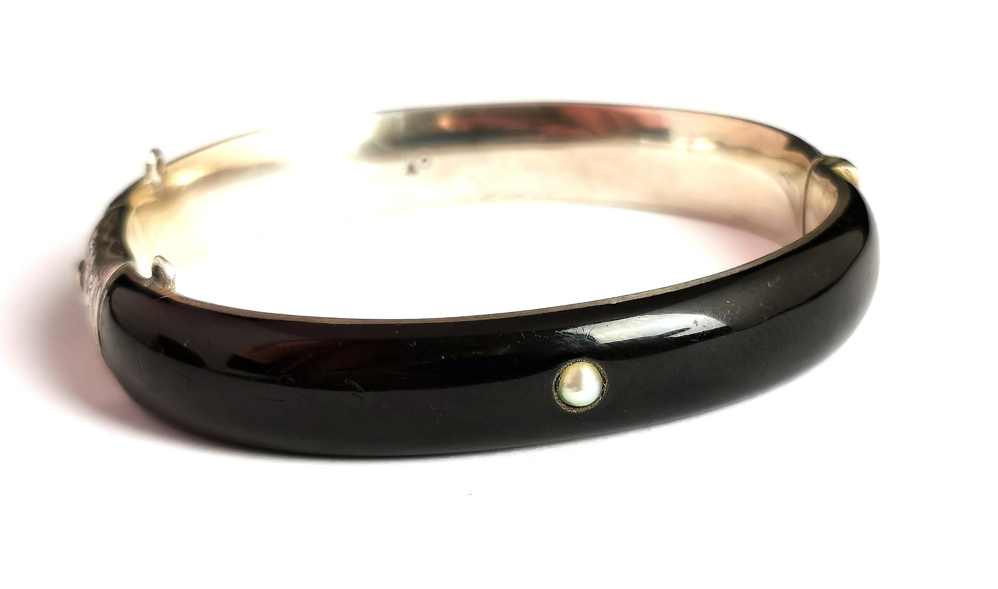 Antique Austro Hungarian Mourning Bangle, Silver and Black Enamel, Pearl For Sale 6