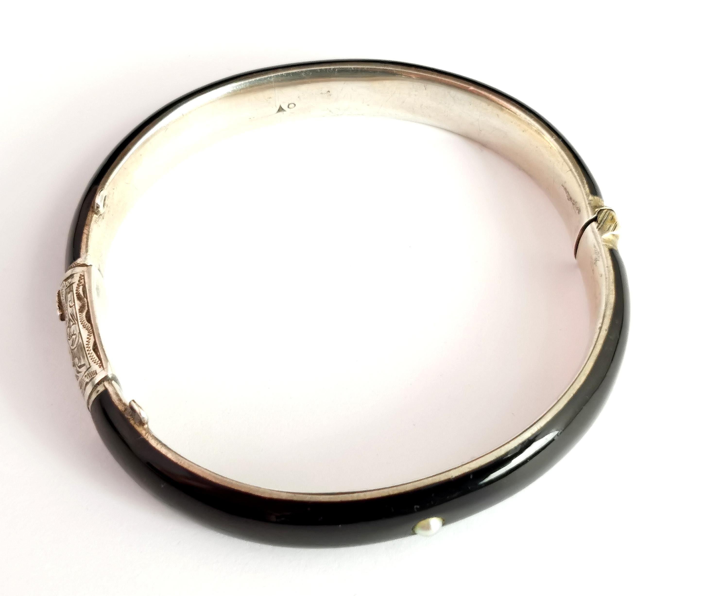Antique Austro Hungarian Mourning Bangle, Silver and Black Enamel, Pearl For Sale 7
