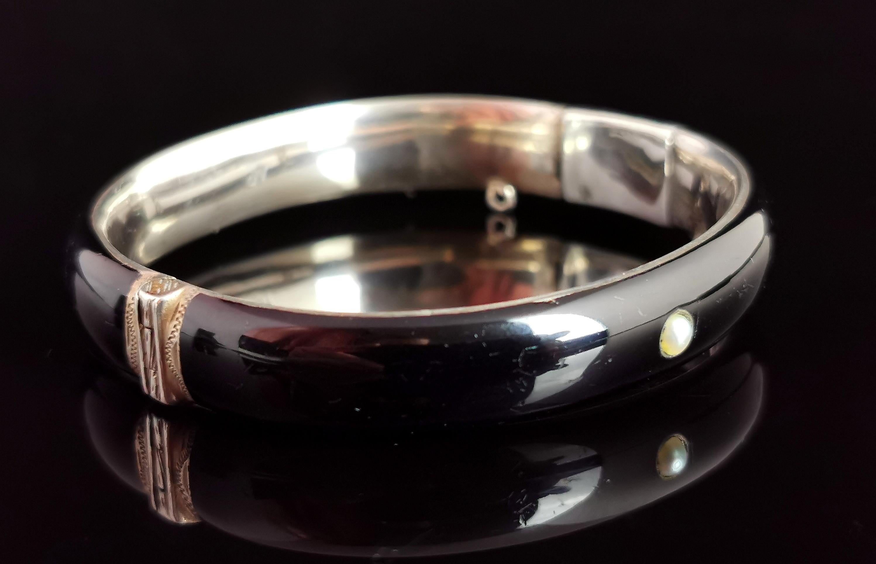 Victorian Antique Austro Hungarian Mourning Bangle, Silver and Black Enamel, Pearl For Sale