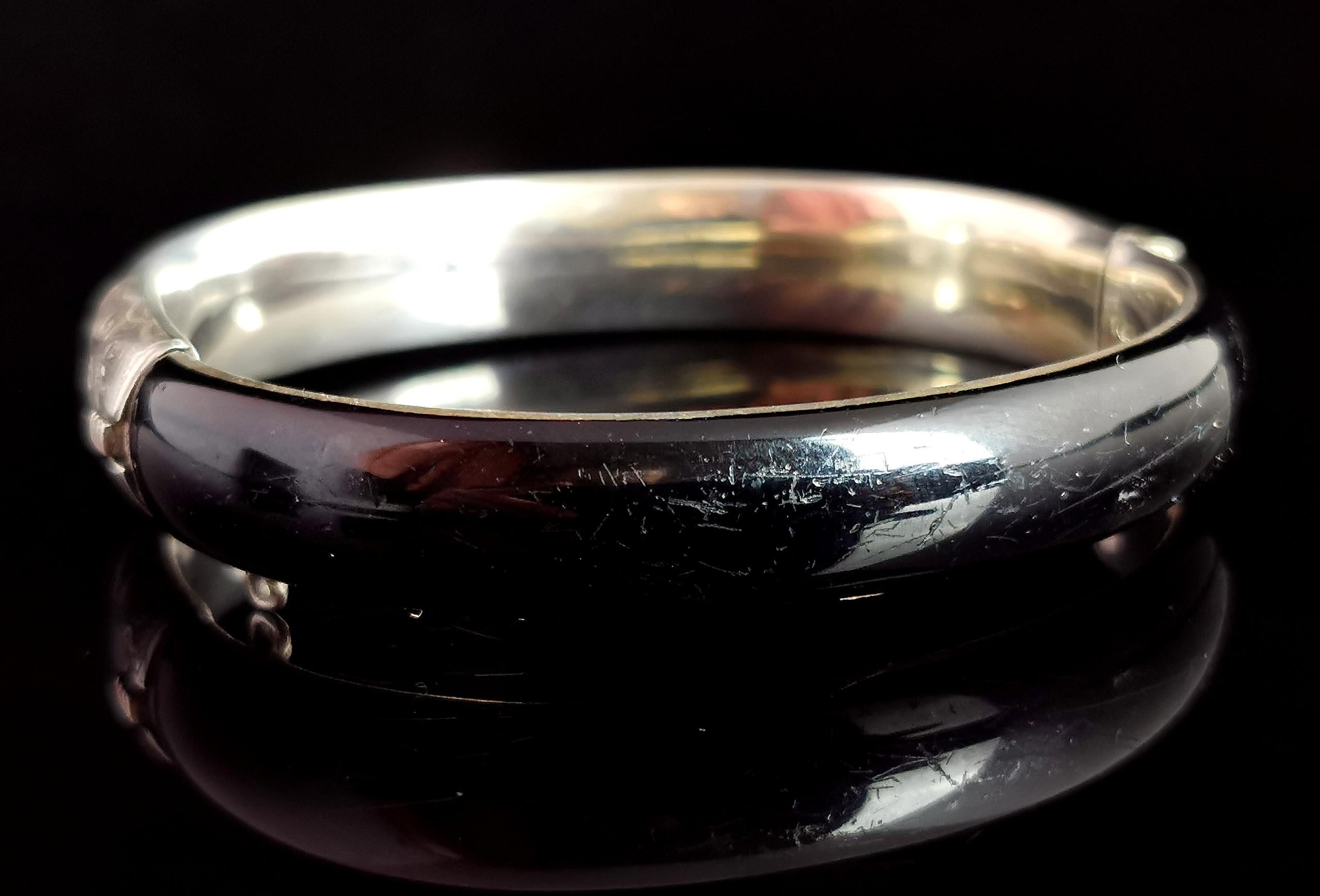 Antique Austro Hungarian Mourning Bangle, Silver and Black Enamel, Pearl In Fair Condition For Sale In NEWARK, GB