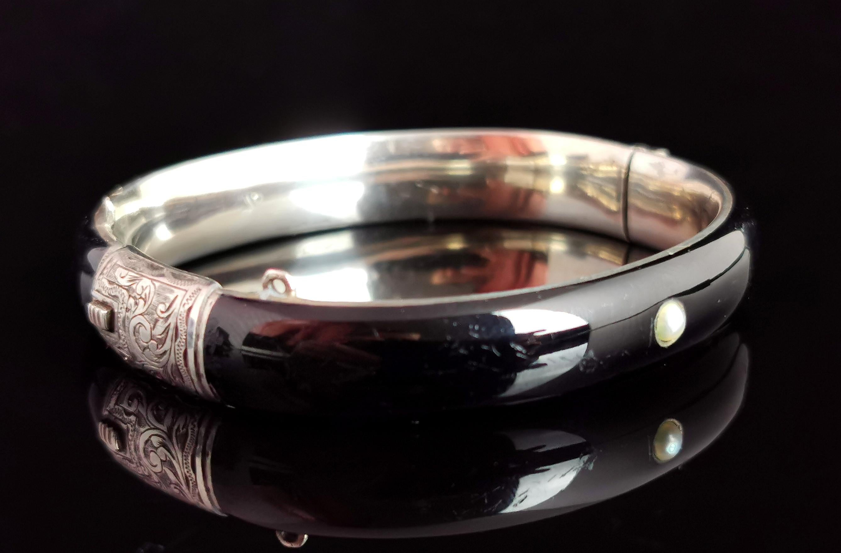 Antique Austro Hungarian Mourning Bangle, Silver and Black Enamel, Pearl For Sale 2