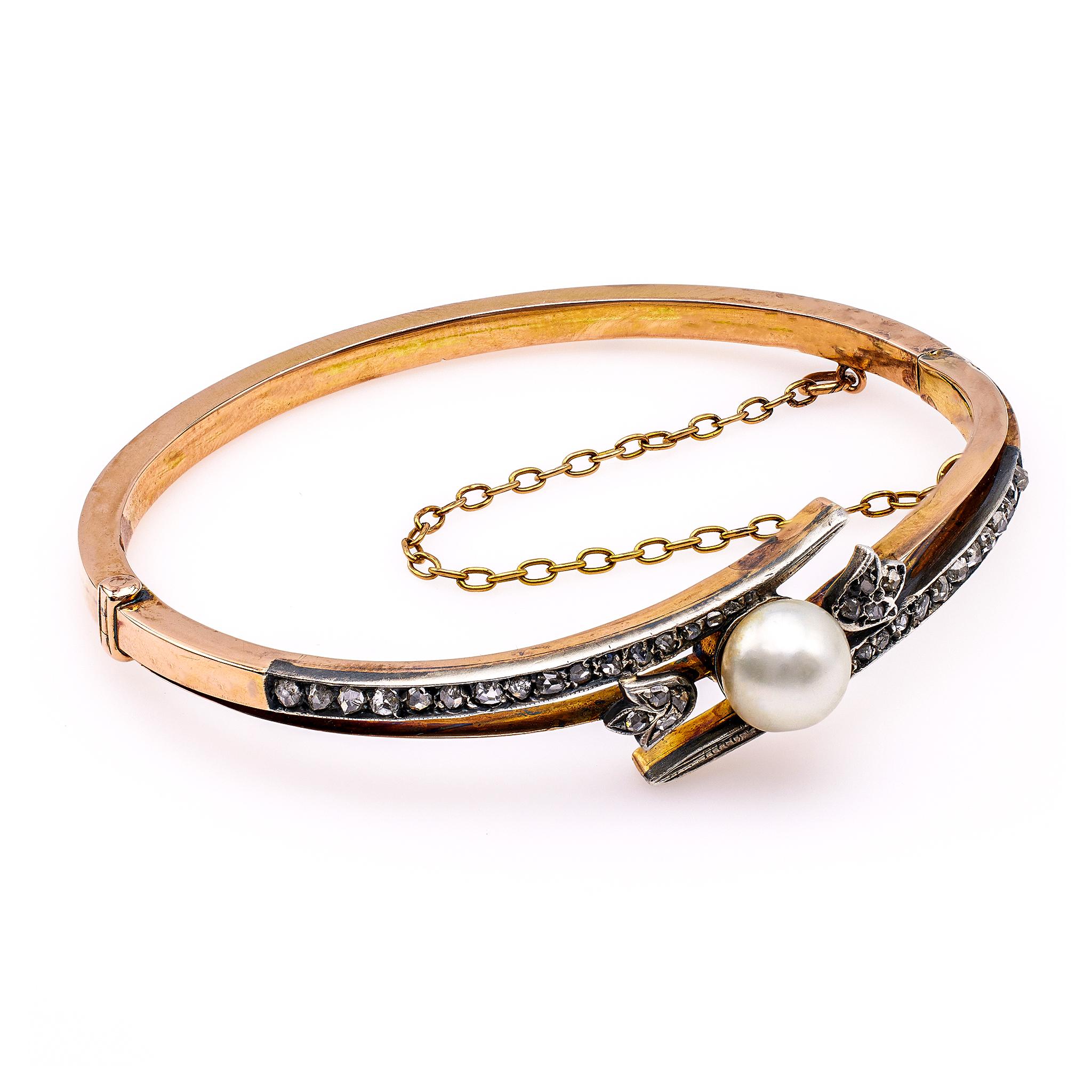 Antikes österreichisch-ungarisches Perlen- und Diamantarmband mit Scharnier aus 18 Karat Roségold und Silber für Damen oder Herren im Angebot
