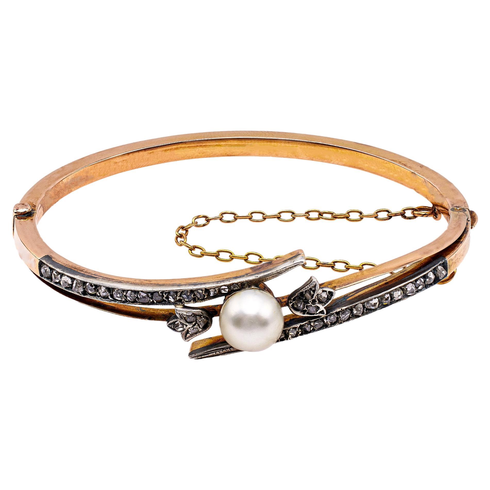 Antique Austro-Hungarian Pearl and Diamond 18k Rose Gold Silver Hinged Bracelet For Sale