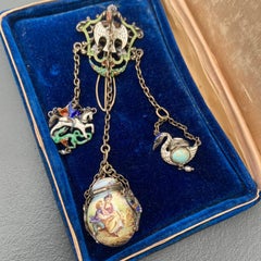 Antique Rare Austro-Hungarian Silver Enamel Perfume Pomander Chatelaine Pin