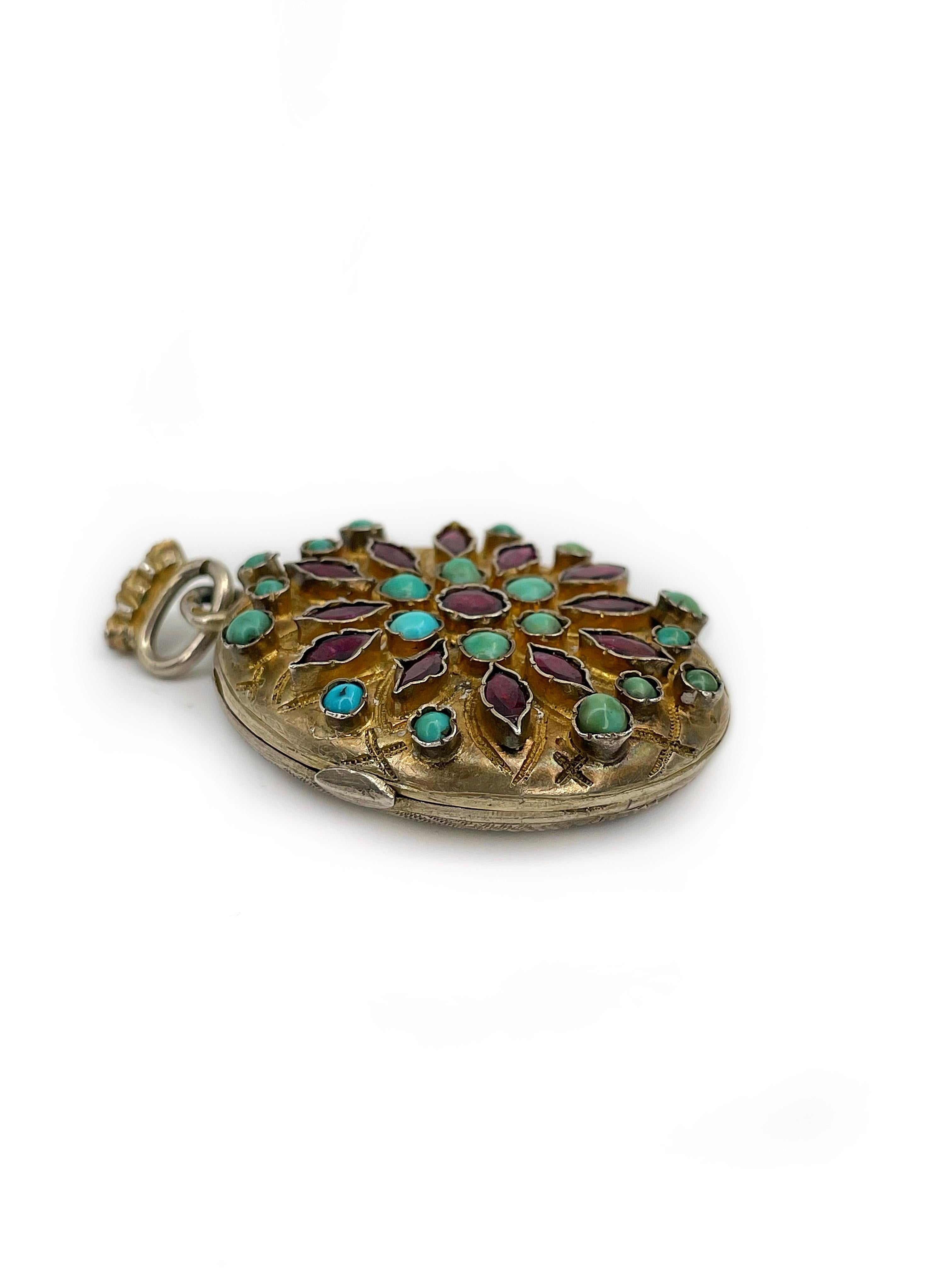 Antique Austro-Hungarian Renaissance Revival Garnet Turquoise Locket Pendant In Good Condition In Vilnius, Vilniaus apskr.