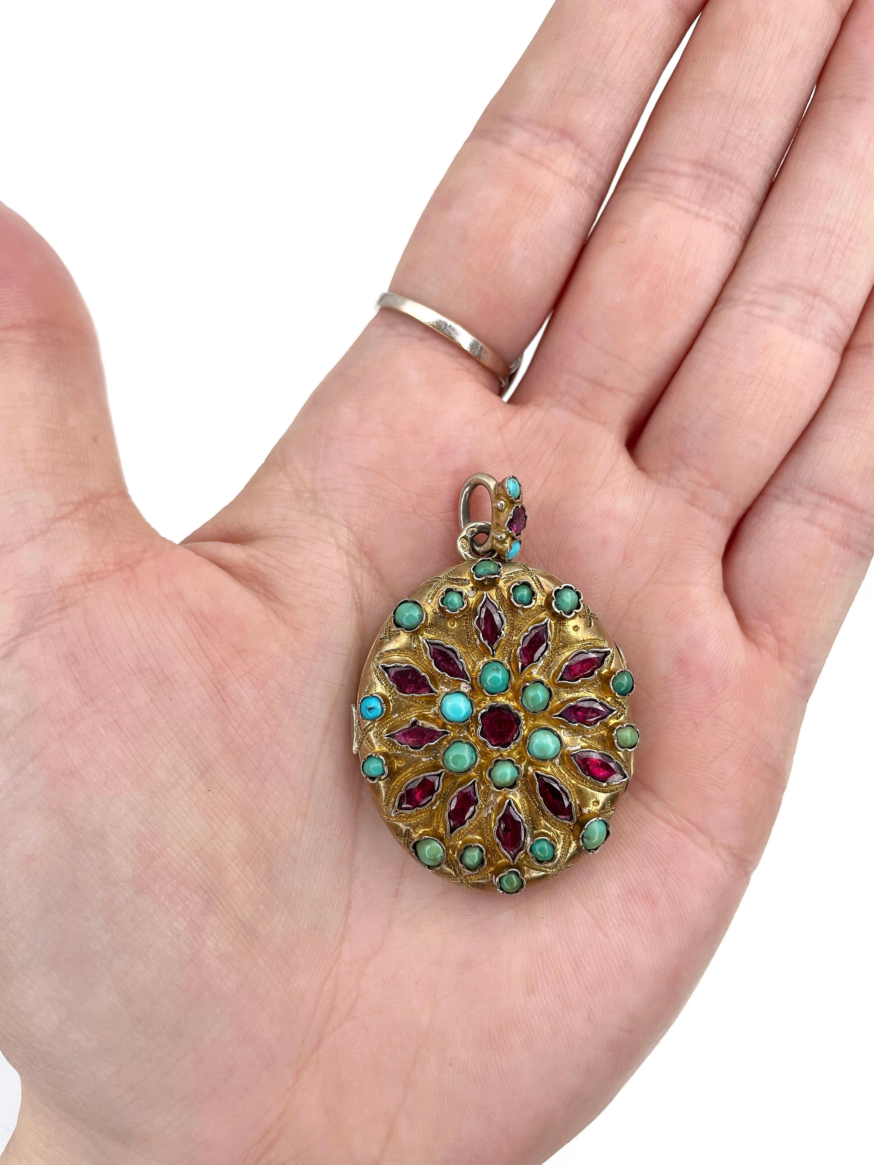 Women's Antique Austro-Hungarian Renaissance Revival Garnet Turquoise Locket Pendant