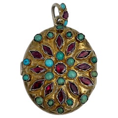 Antique Austro-Hungarian Renaissance Revival Garnet Turquoise Locket Pendant