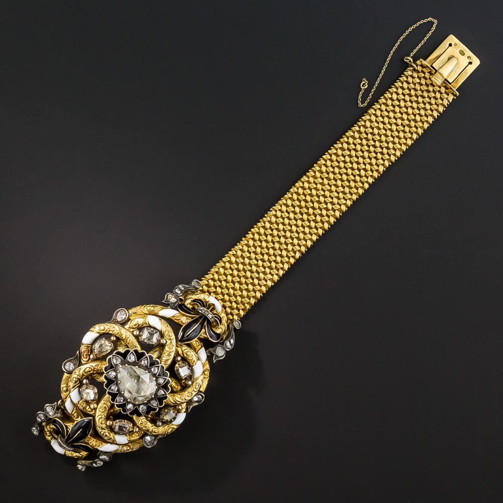 Rose Cut Antique Austro-Hungarian Rose-Cut Diamond Enamel Bracelet For Sale