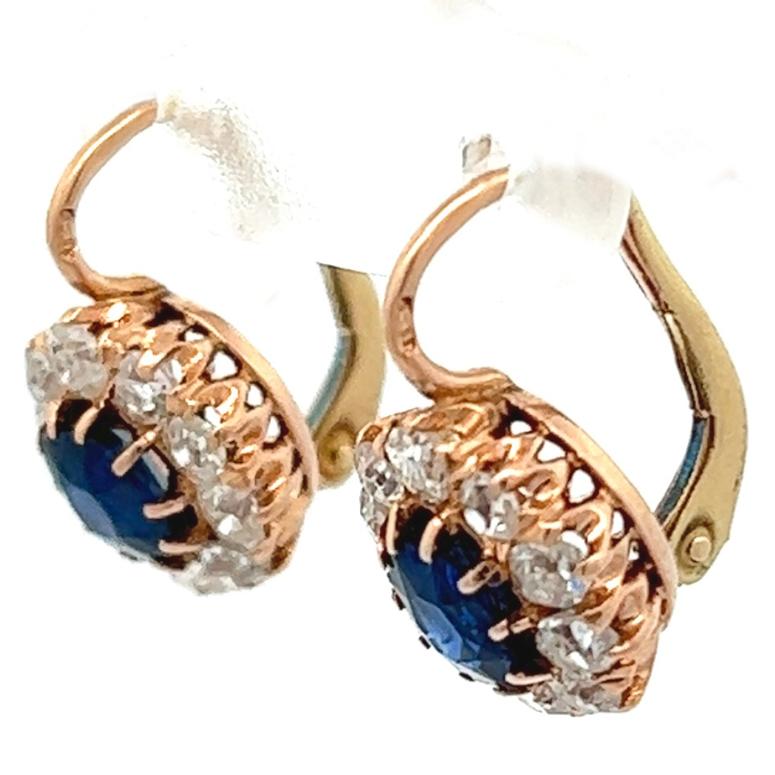 Women's or Men's Antique Austro-Hungarian Sapphire Diamond 14 Karat Rose Gold Cluster Drop Earrin