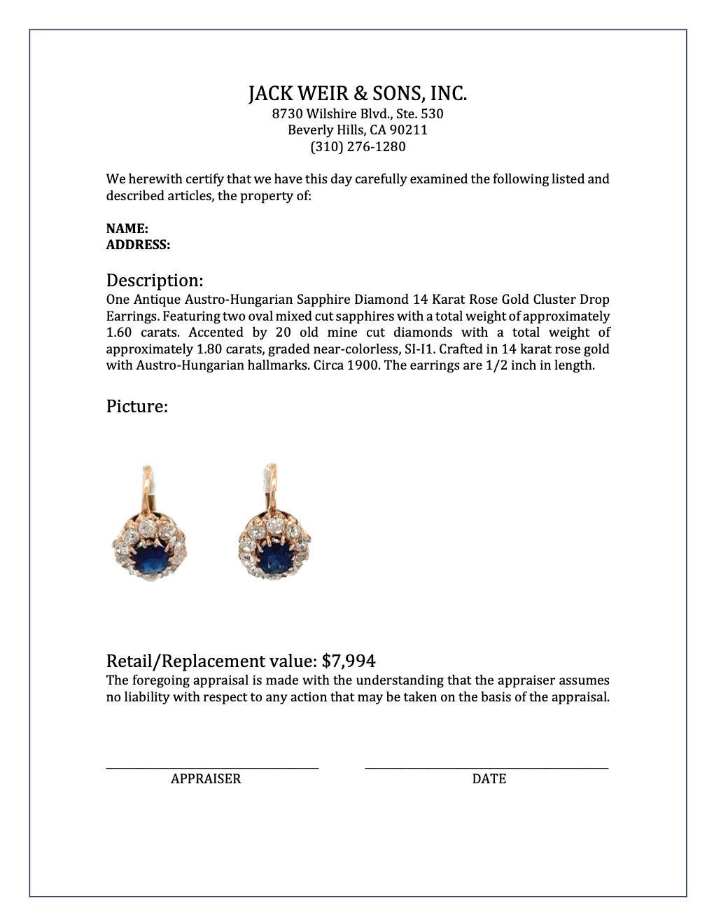 Antique Austro-Hungarian Sapphire Diamond 14 Karat Rose Gold Cluster Drop Earrin 2