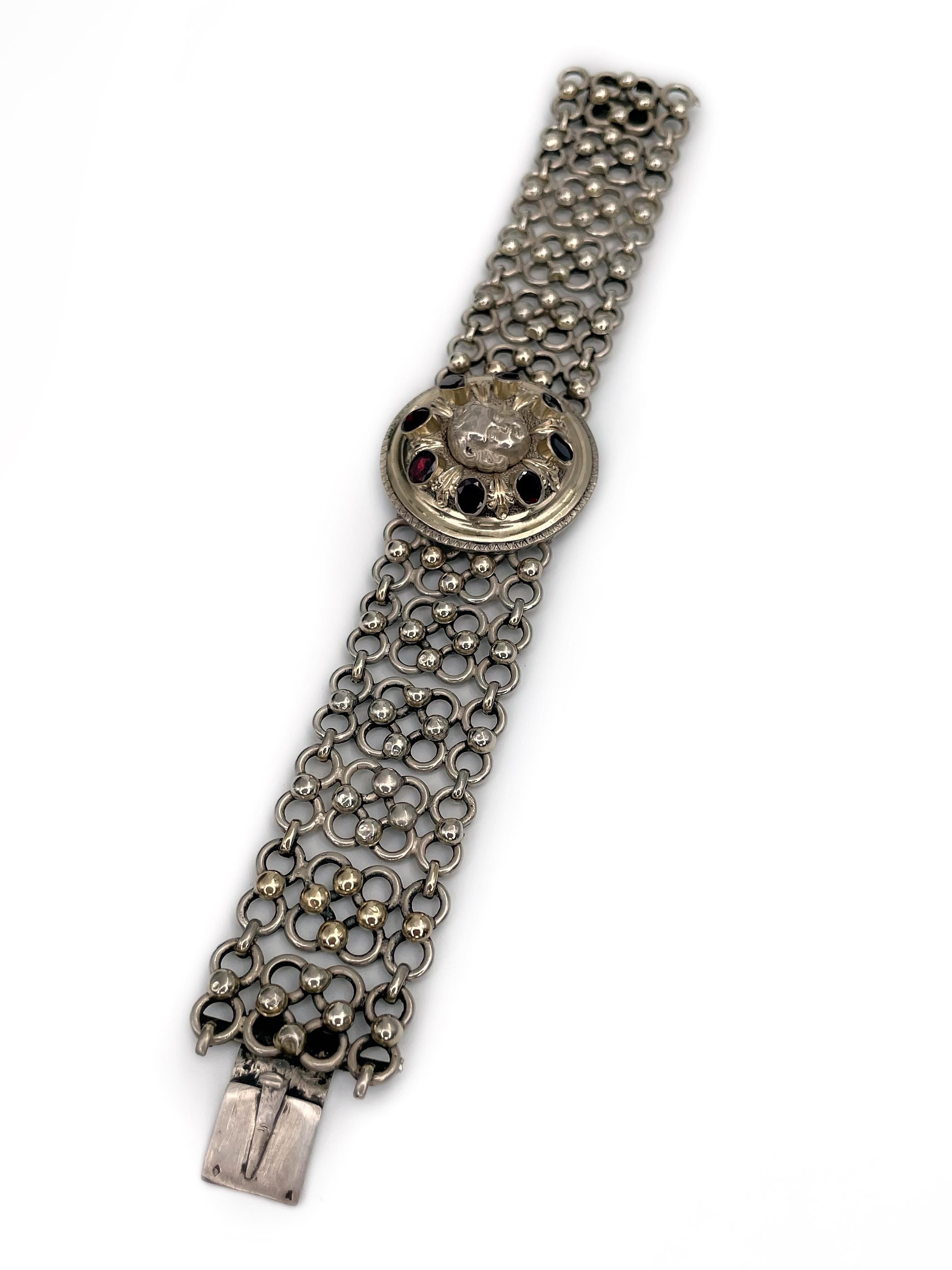 Oval Cut Victorian 830 Silver Cherub 3.50 Carat Garnet Wide Chain Bracelet For Sale