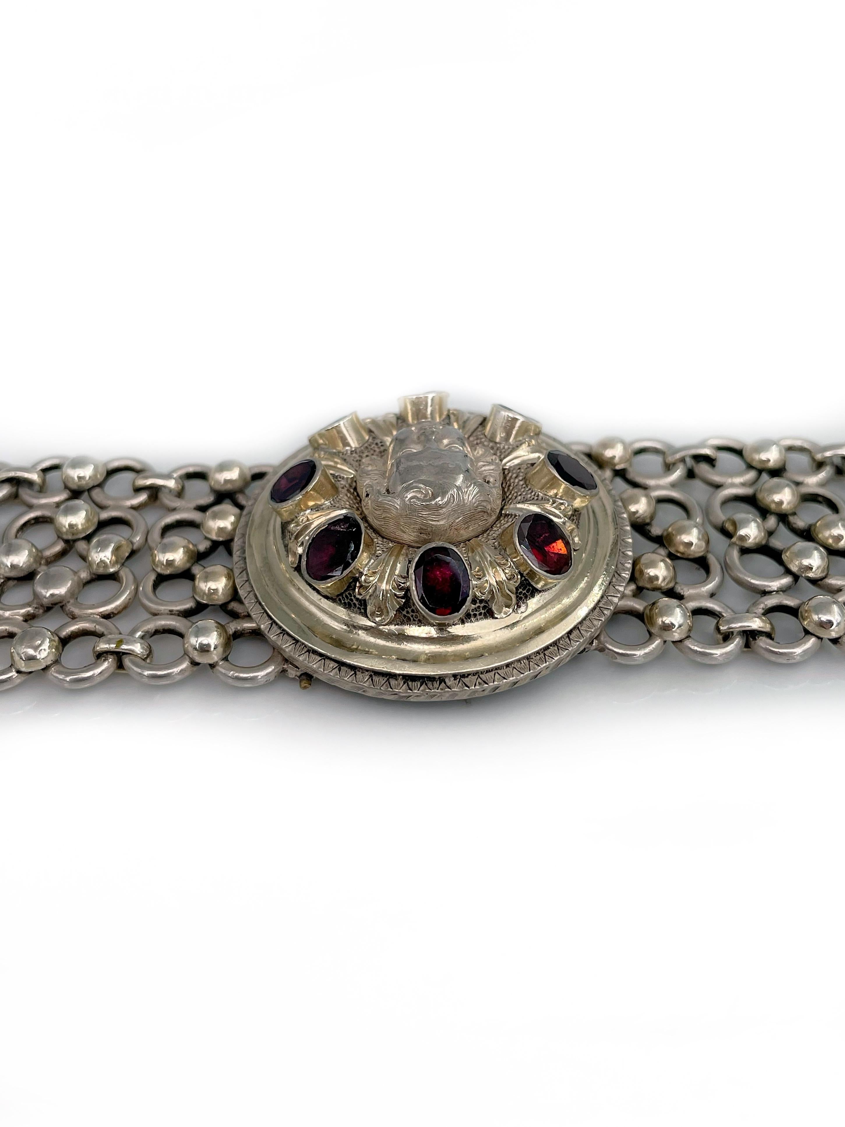 Women's or Men's Victorian 830 Silver Cherub 3.50 Carat Garnet Wide Chain Bracelet For Sale