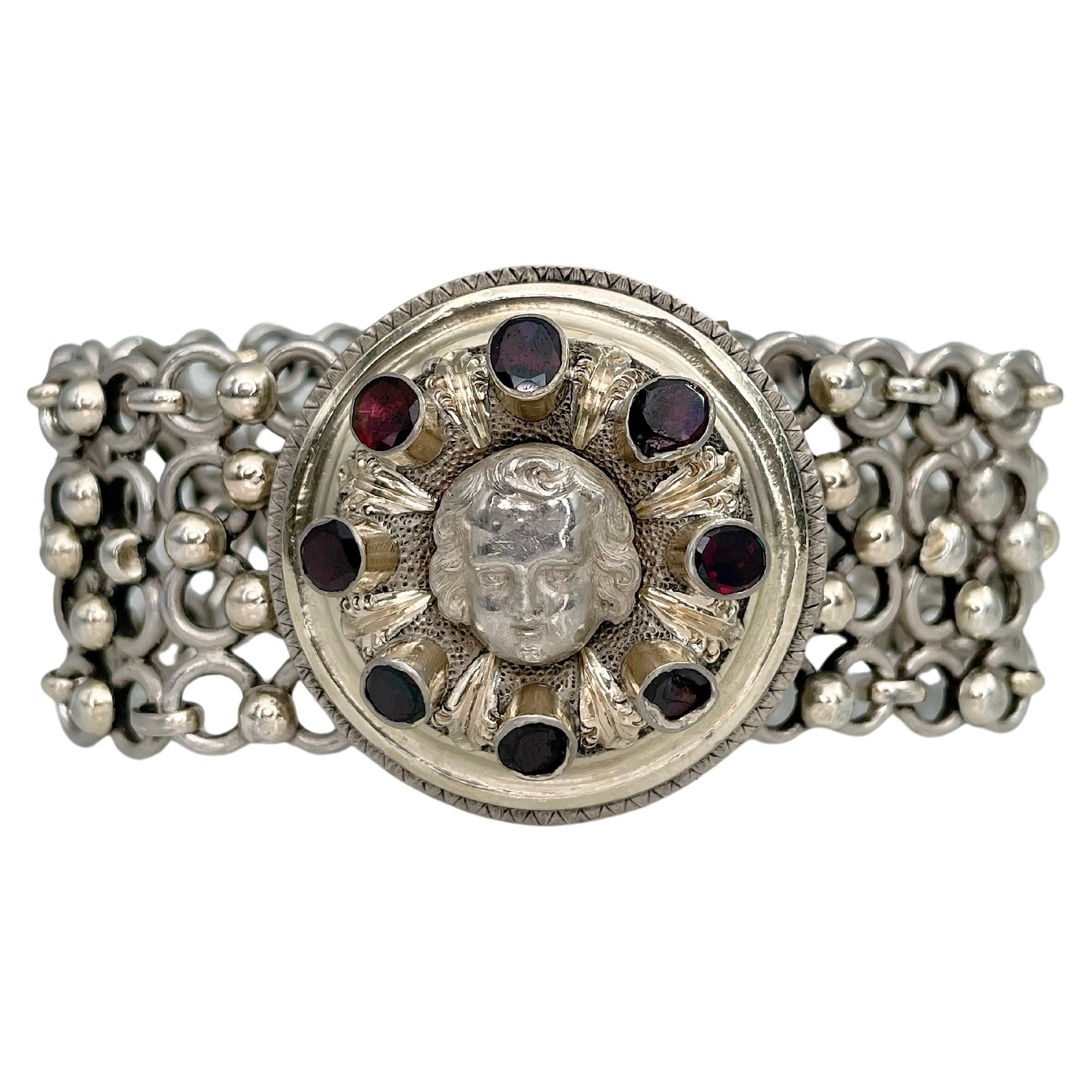 Victorian 830 Silver Cherub 3.50 Carat Garnet Wide Chain Bracelet For Sale