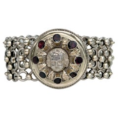 Victorian 830 Silver Cherub 3.50 Carat Garnet Wide Chain Bracelet