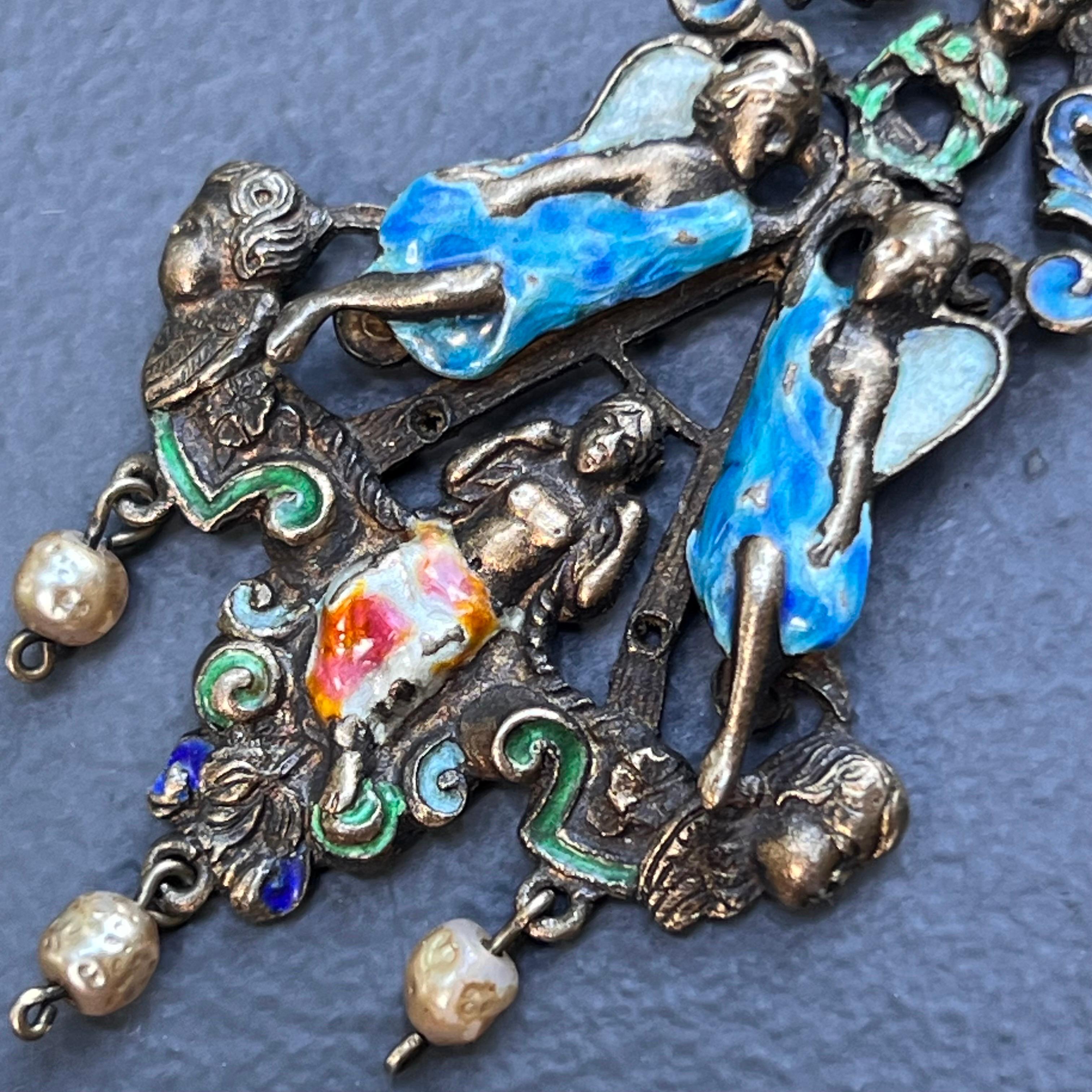 Women's Antique Austro Hungarian Silver Enamel Pendant Renaissance Revival Jewelry  For Sale