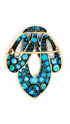 Broche ancienne en Turquoise austro-hongroise argentée sur or 14k, c.1880.