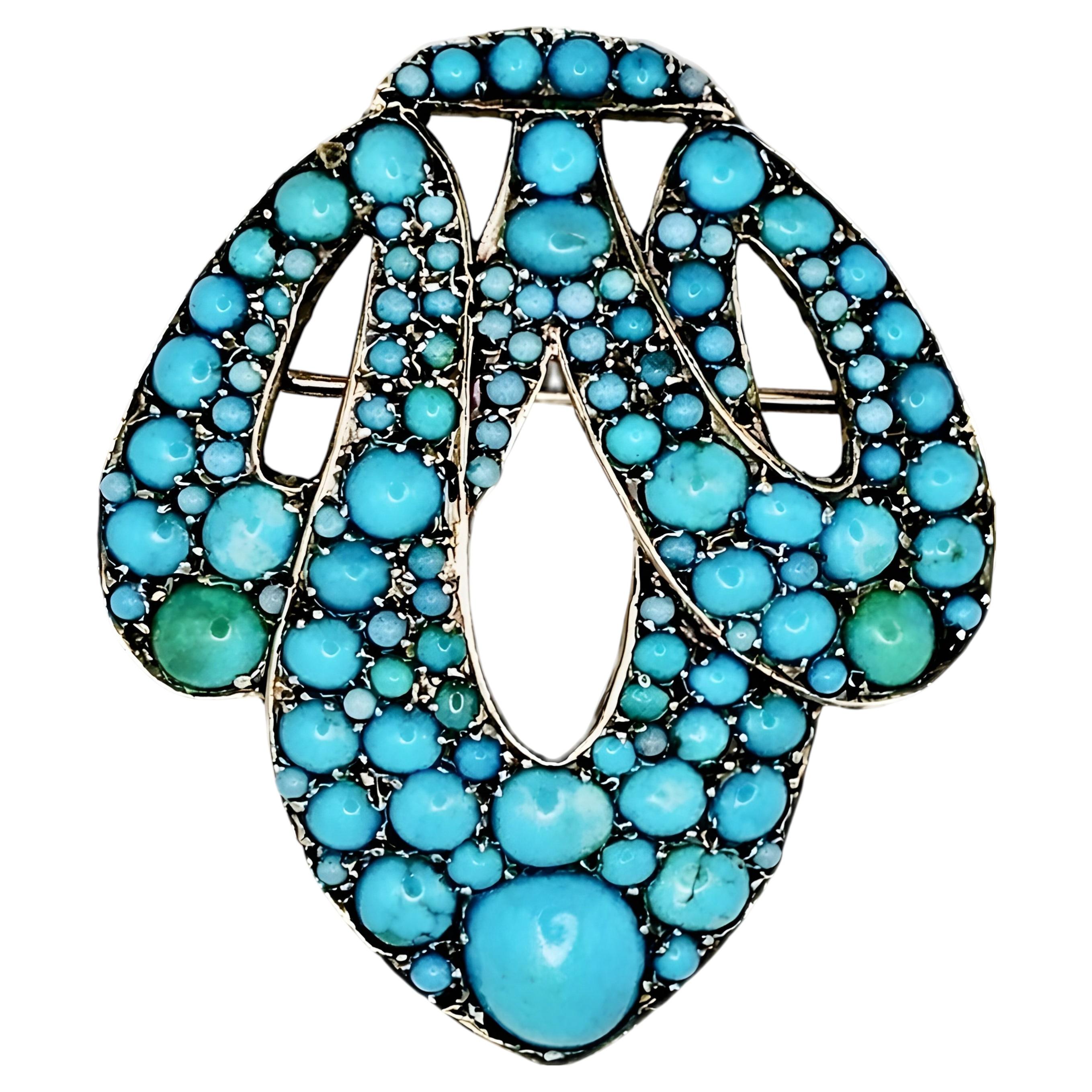 Antique Victorian Period European Turquoise Brooch in 14K Gold and Silver, 1880