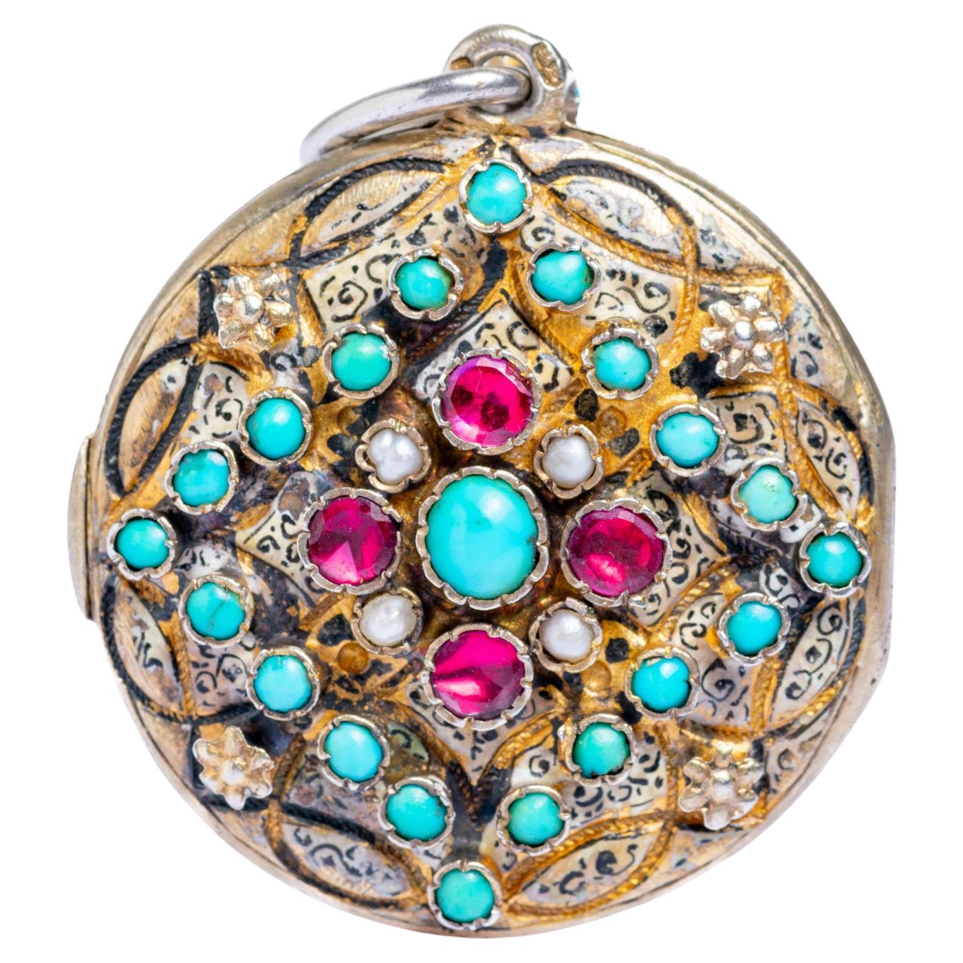 Austro Hungarian Turquoise Garnet and Pearl Locket Pendant