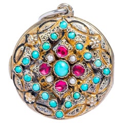 Austro Hungarian Turquoise Garnet and Pearl Locket Pendant